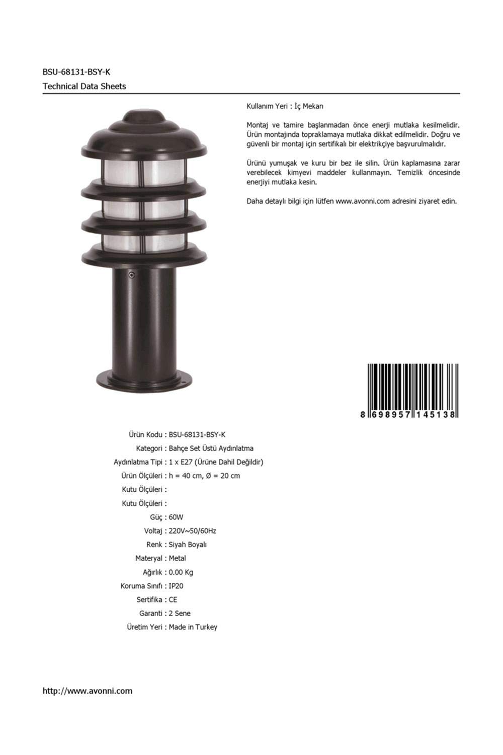 Avonni BSU-68131-BSY-K Siyah Elektrostatik Toz Boyalı Dış Mekan Aydınlatma, E27, Aluminyum, Polikarb