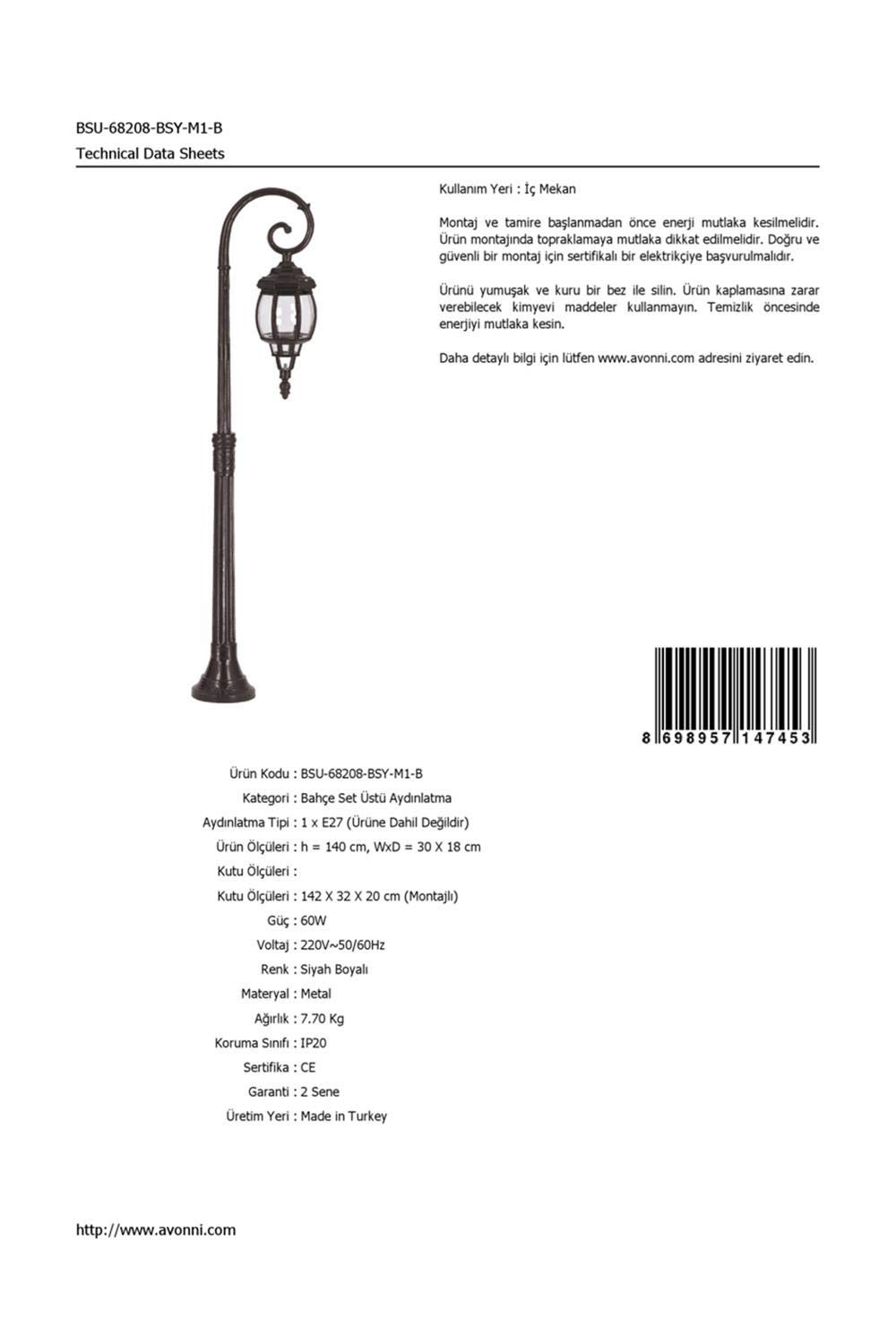 AVONNI BSU-68208-BSY-M1-B Siyah Elektrostatik Toz Boyalı Dış Mekan Aydınlatma, E27, Aluminyum, ABS, Polikarbon Cam, 30x18cm