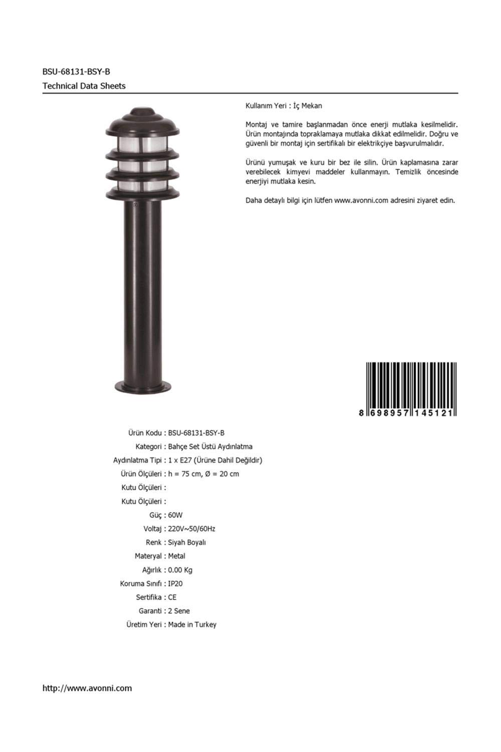 Avonni BSU-68131-BSY-B Siyah Elektrostatik Toz Boyalı Dış Mekan Aydınlatma, E27, Aluminyum, Polikarbon Cam, 20 Cm