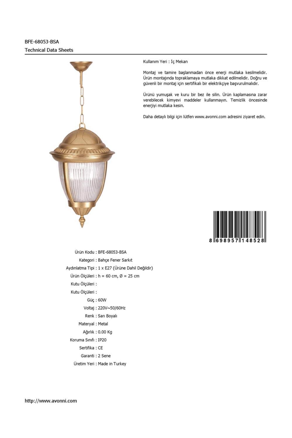 Avonni BFE-68053-BSA Sarı Elektrostatik Toz Boyalı Dış Mekan Aydınlatma, E27, Aluminyum, Döküm Dip, Polikarbon Cam, 25 Cm