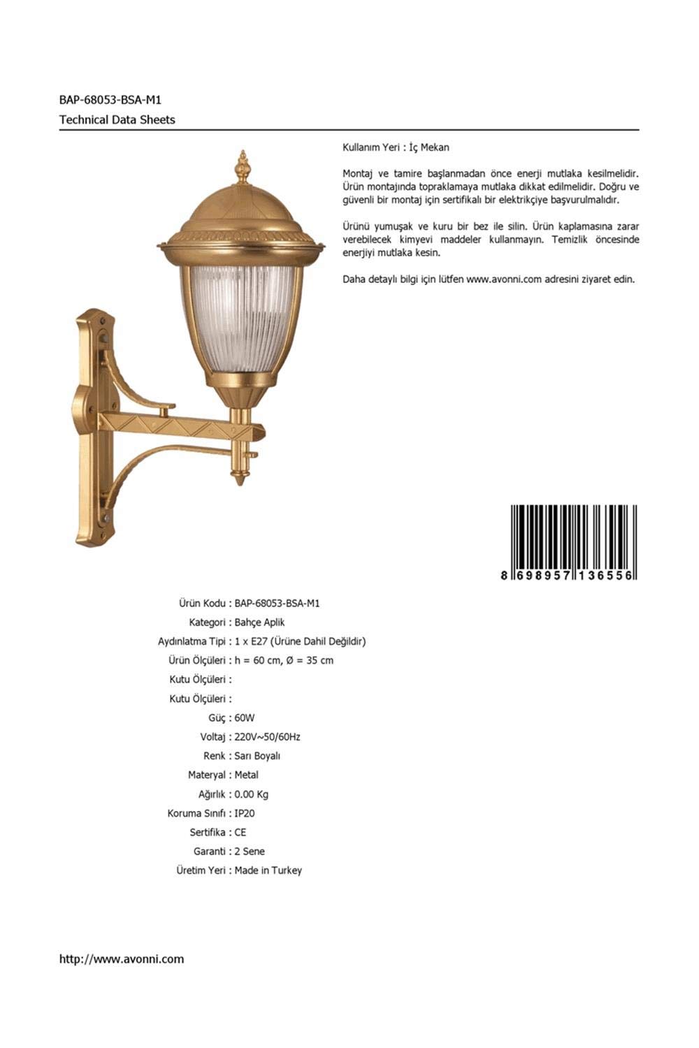 AVONNI BAP-68053-BSA-M1 Sarı Elektrostatik Toz Boyalı Dış Mekan Aydınlatma, E27, Aluminyum, Döküm Dip, Polikarbon Cam, 35cm
