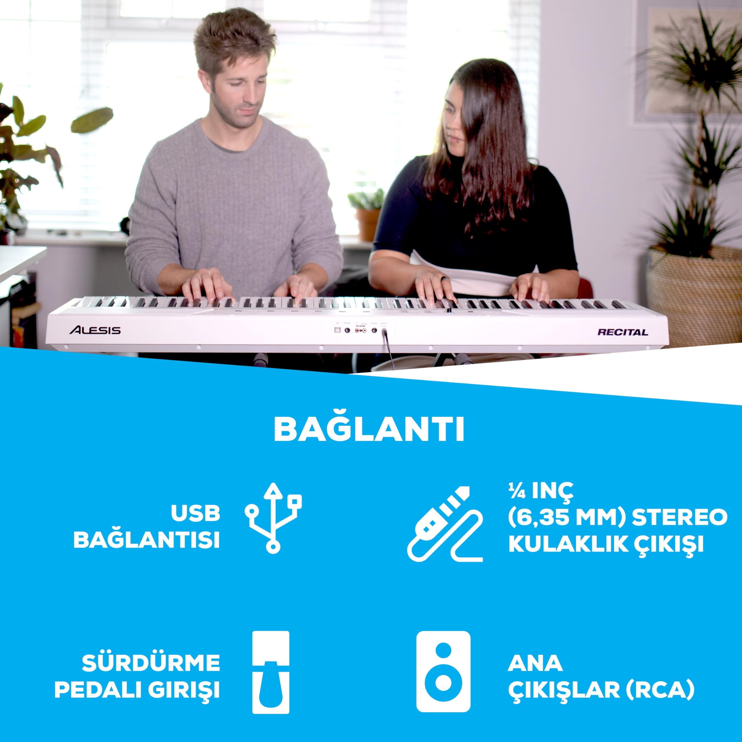 Alesis Recital White Dijital Piano Klavye 88 Tuşlu Yeni Başlayanlar İçin Yarı Ağırlıklı Tuşlu, Dahili Hoparlörlü ve Piano Dersli