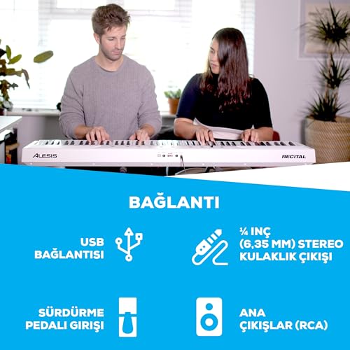 Alesis Recital White Dijital Piano Klavye 88 Tuşlu Yeni Başlayanlar İçin Yarı Ağırlıklı Tuşlu, Dahili Hoparlörlü ve Piano Dersli