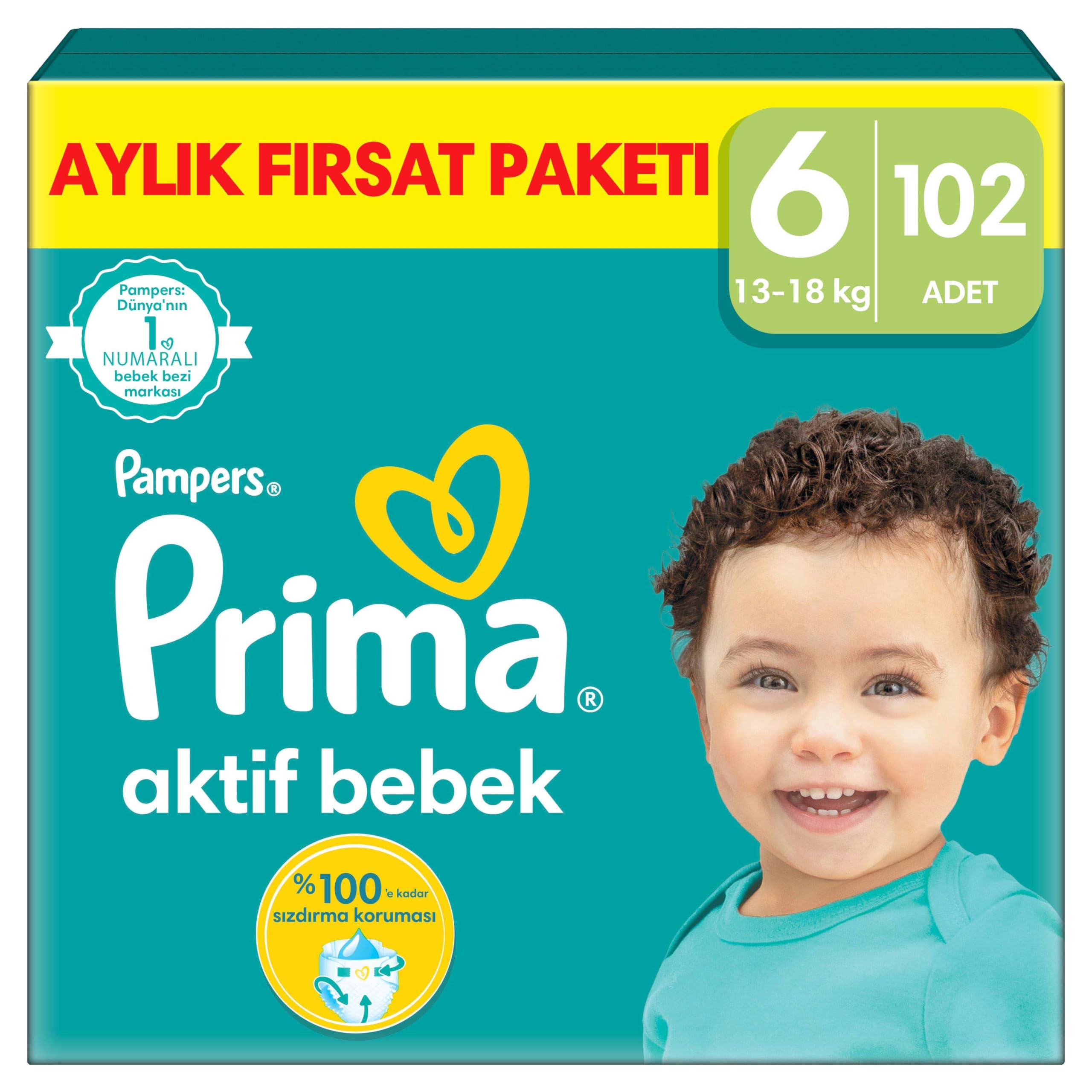 Prima Aktif Bebek, Bebek Bezi 6 Numara, 102 Adet Aylık Fırsat Paketi
