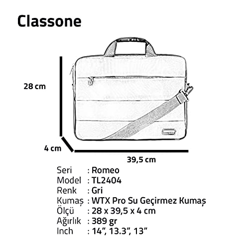 Classone Romeo Serisi TL2004 15.6 inch Uyumlu Su Geçirmez Kumaş, Notebook, Laptop , El Çantası- Gri