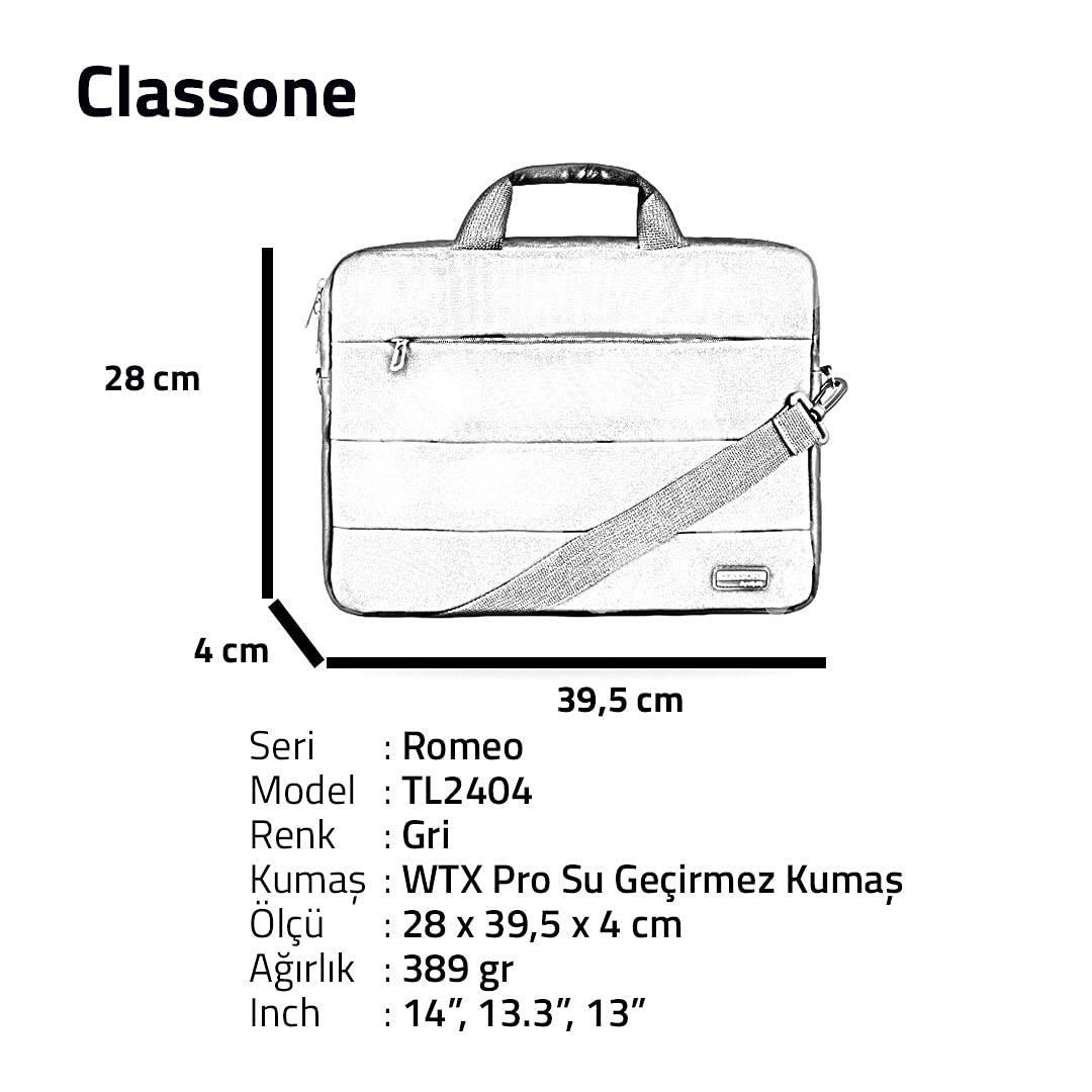 Classone Romeo Serisi TL2004 15.6 inch Uyumlu Su Geçirmez Kumaş, Notebook, Laptop , El Çantası- Gri