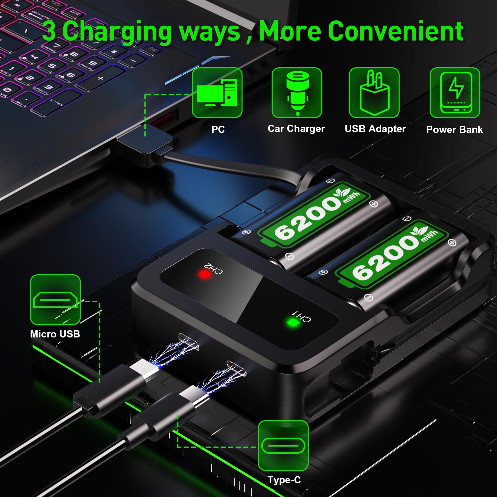 Ukor Xbox One/Xbox Series X|S Xbox One S/Xbox One X/Xbox One Elite Kablosuz Kumanda için Şarj Cihazlı Hızlı Şarj 2600 mAh Şarj Edilebilir Pil Paketleri, Uzun Ömürlü Akıllı Koruma