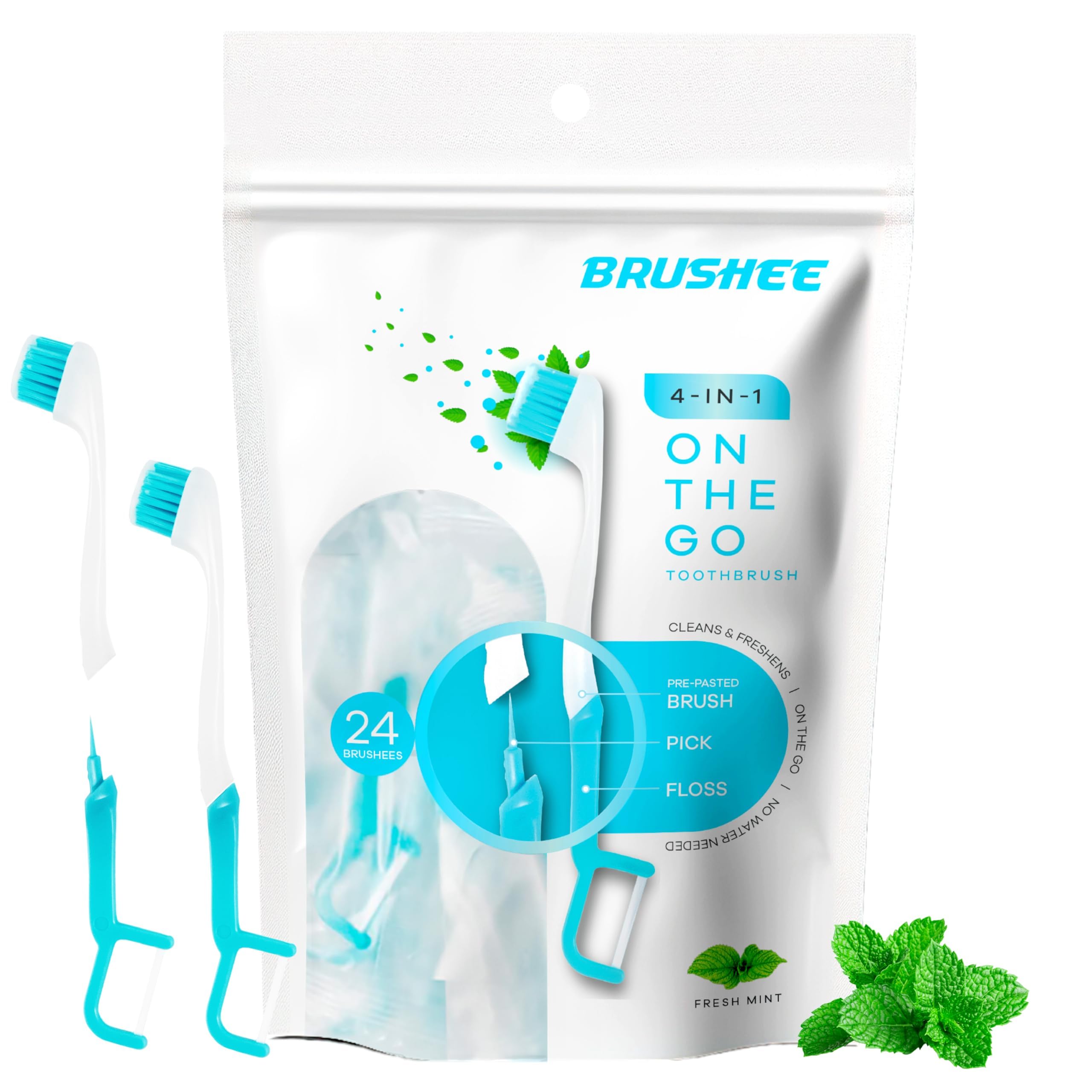 Brushee - Ağız bakımının gelişimi | 3'ü 1 arada alet (önceden yapıştırılmış mini fırça + diş ipi + pena) | ayrı ayrı sarılmış | tek kullanımlık | önceden yapıştırılmış seyahat diş fırçaları | küçük yetişkin diş fırçası - (24'lü paket)
