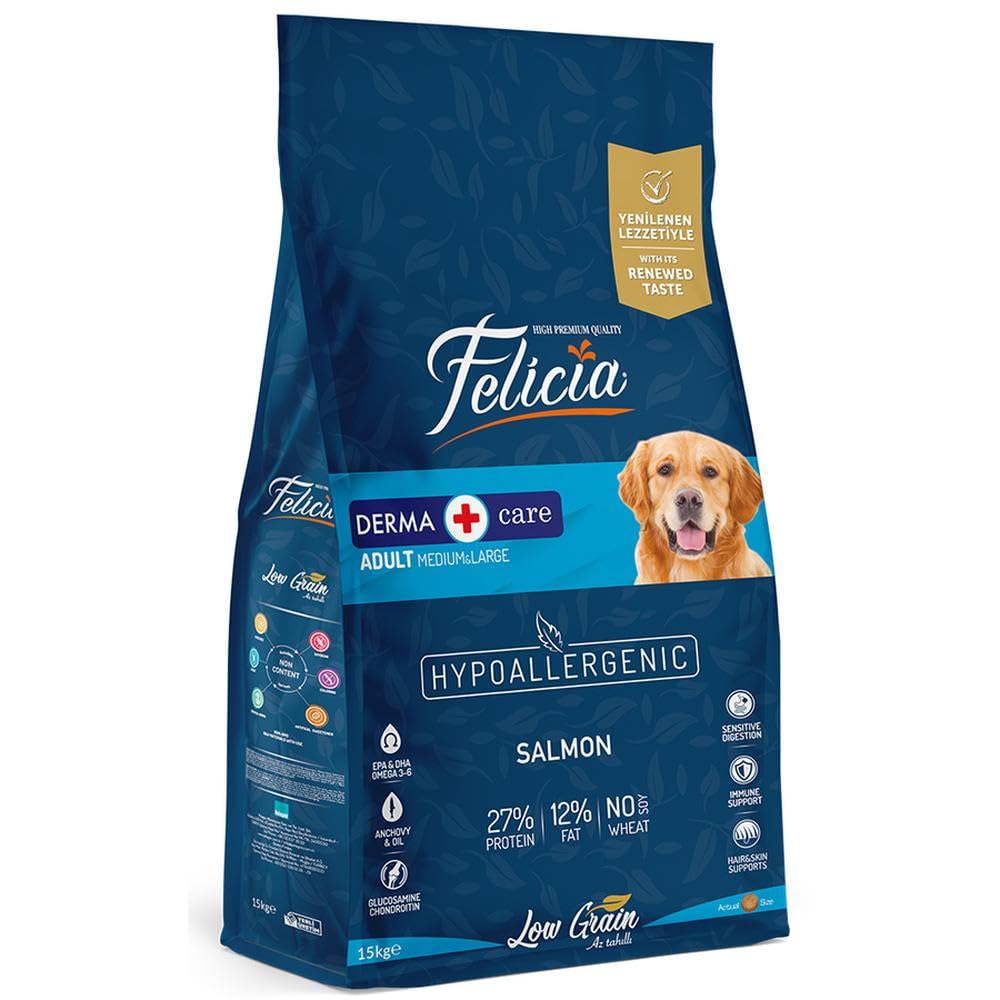Felicia Kuru Köpek Maması, Somonlu, Az Tahıllı, Yetişkin, Büyük Irk, Hipoalerjenik, M, 15 Kg