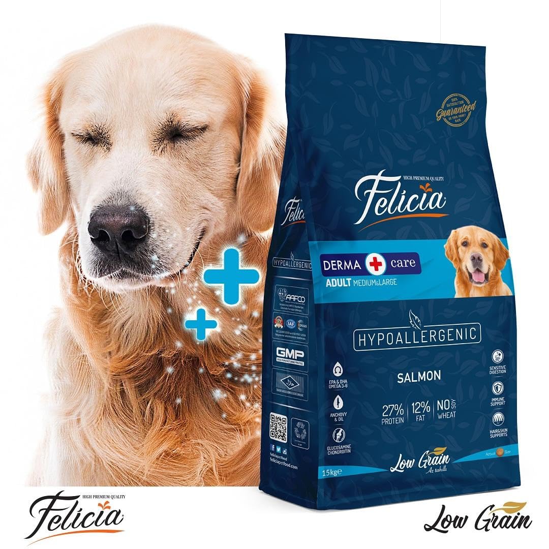 Felicia Kuru Köpek Maması, Somonlu, Az Tahıllı, Yetişkin, Büyük Irk, Hipoalerjenik, M, 15 Kg