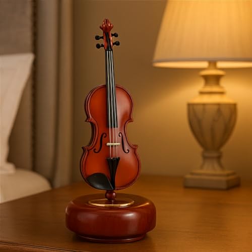 Dekoratif Klasik Keman Figürlü Müzik Kutusu – 18 cm Ahşap Standlı Retro Döner Mekanizmalı Masaüstü Süs ve Hediyelik