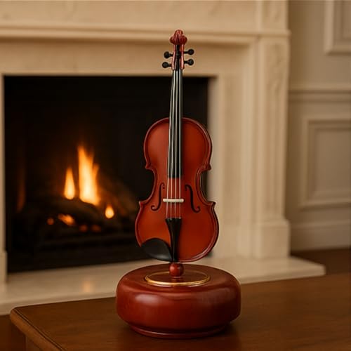 Dekoratif Klasik Keman Figürlü Müzik Kutusu – 18 cm Ahşap Standlı Retro Döner Mekanizmalı Masaüstü Süs ve Hediyelik