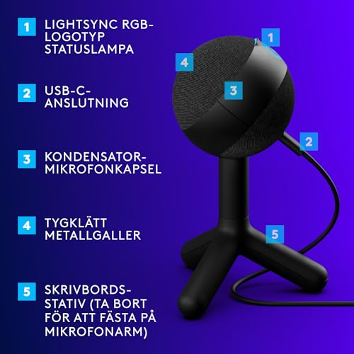 Logitech G Yeti Orb Kondansatör RGB Oyun Mikrofonu, LightsyNC USB Mikrofon, Akış için USB Mikrofon, Kardiyoid, Tak ve Çalıştır, PC/Mac için USB'li, Siyah