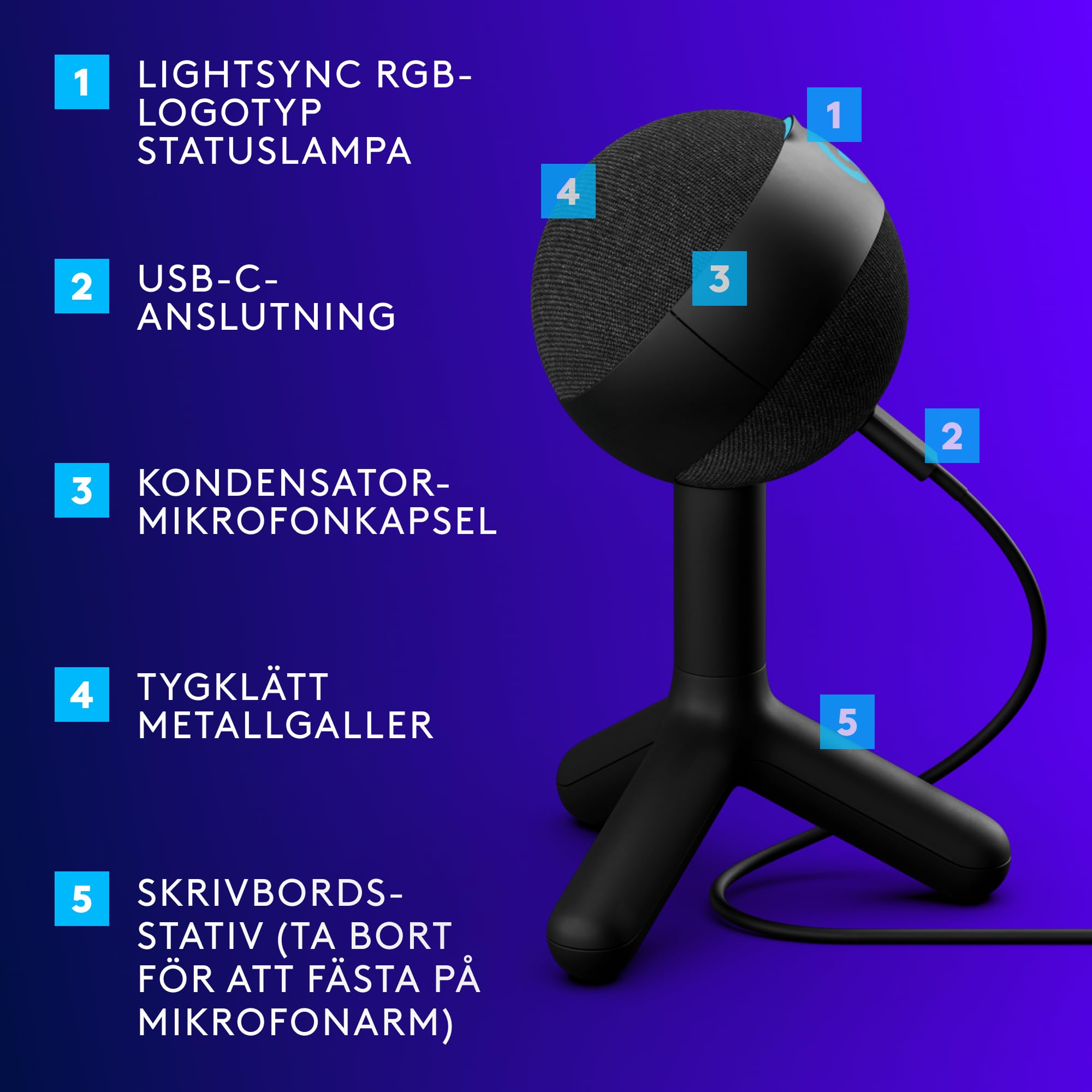 Logitech G Yeti Orb Kondansatör RGB Oyun Mikrofonu, LightsyNC USB Mikrofon, Akış için USB Mikrofon, Kardiyoid, Tak ve Çalıştır, PC/Mac için USB'li, Siyah