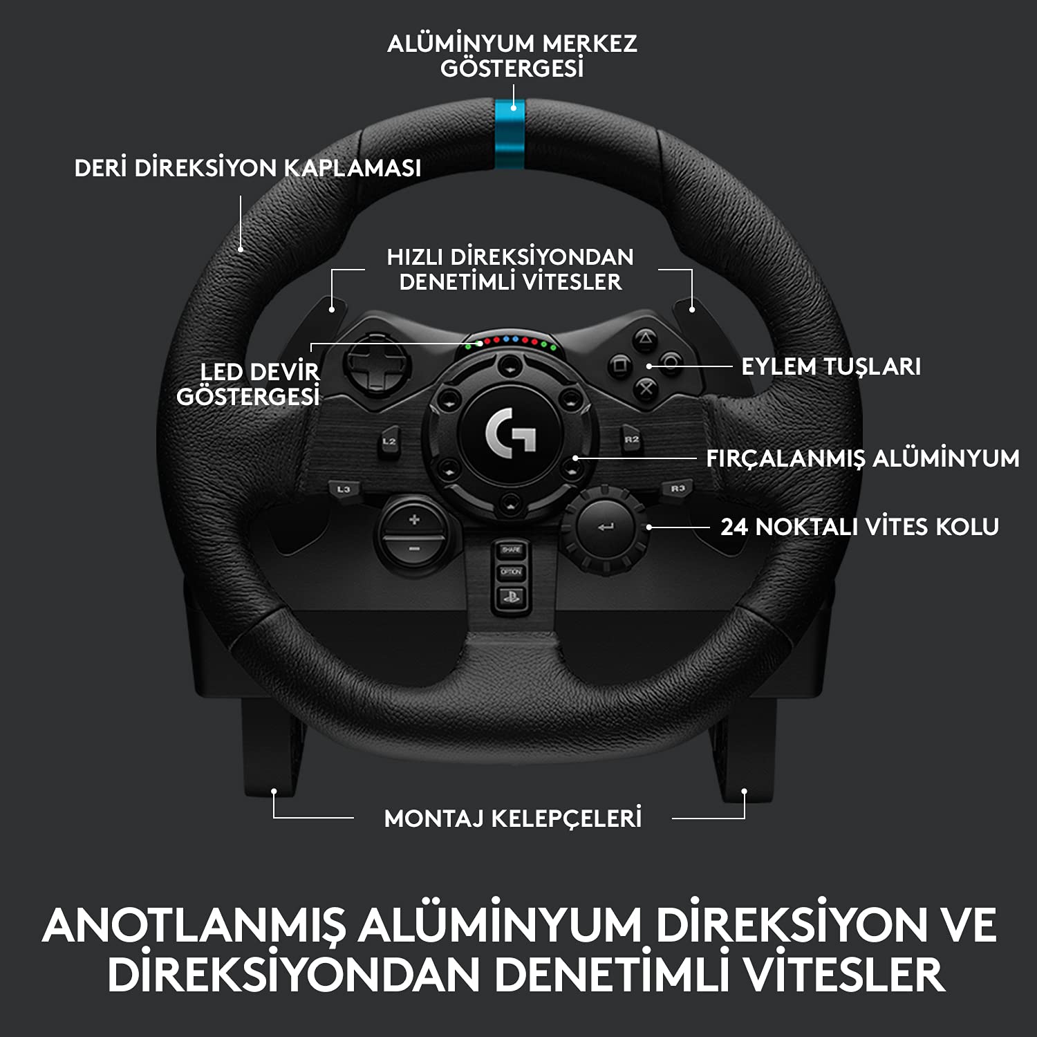 Logitech G G923 Driving Force Yarış Direksiyonu, Aşamalı Fren Pedalı, Alüminyum, Çelik ve Deri Yapı, PS3/PS4/PS5/PC ile Uyumlu, Trueforce Teknolojisi, Aşamalı Fren Pedalı, Siyah