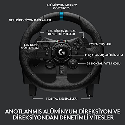 Logitech G G923 Driving Force Yarış Direksiyonu, Aşamalı Fren Pedalı, Alüminyum, Çelik ve Deri Yapı, PS3/PS4/PS5/PC ile Uyumlu, Trueforce Teknolojisi, Aşamalı Fren Pedalı, Siyah