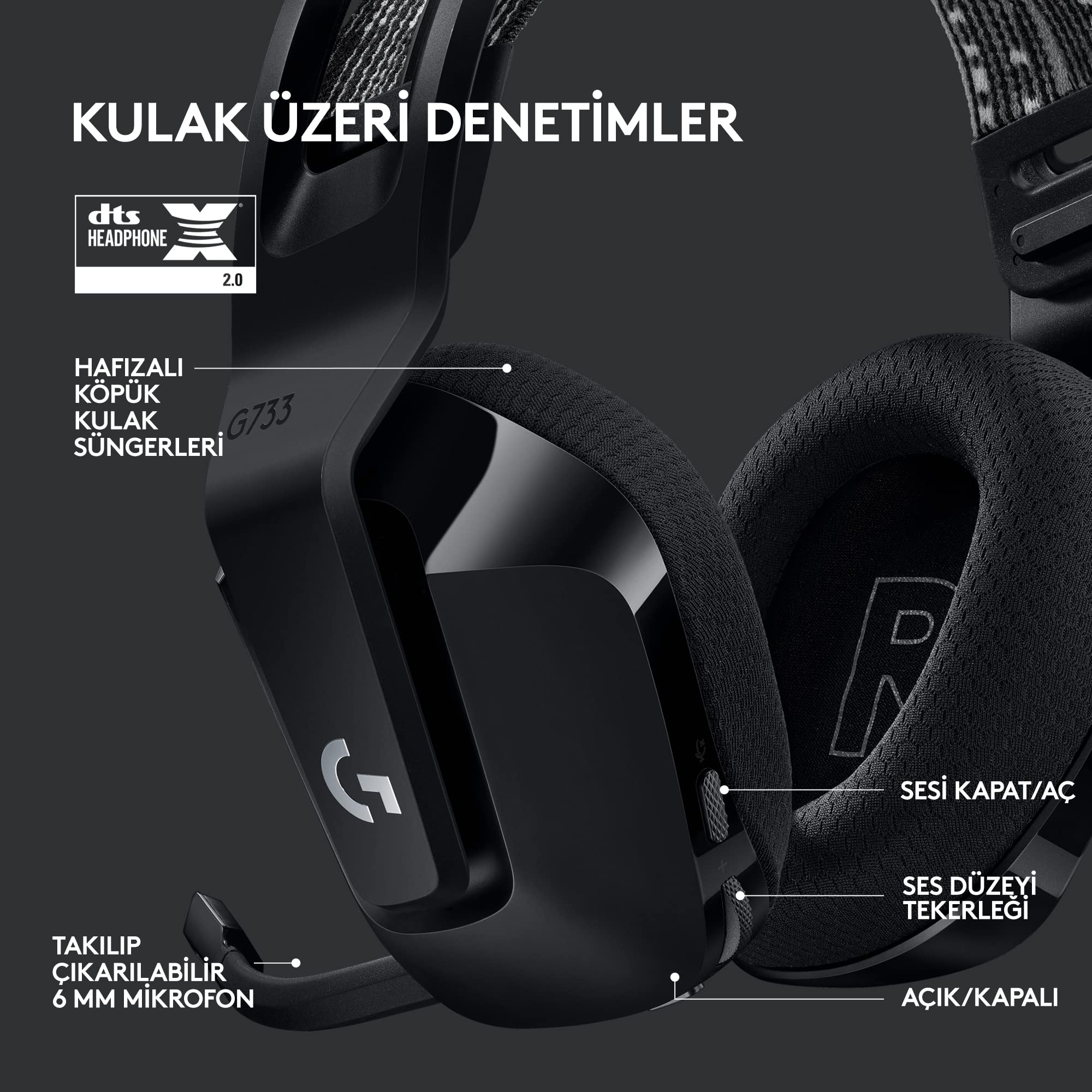 Logitech G G733 LIGHTSPEED Kablosuz Kulak Üstü Oyuncu Kulaklığı, LIGHTSYNC RGB, Blue Voice Mikrofon, Askılı Kafa Bandı, PRO-G Ses Sürücüleri, 29 Saat Pil Ömrü, Siyah