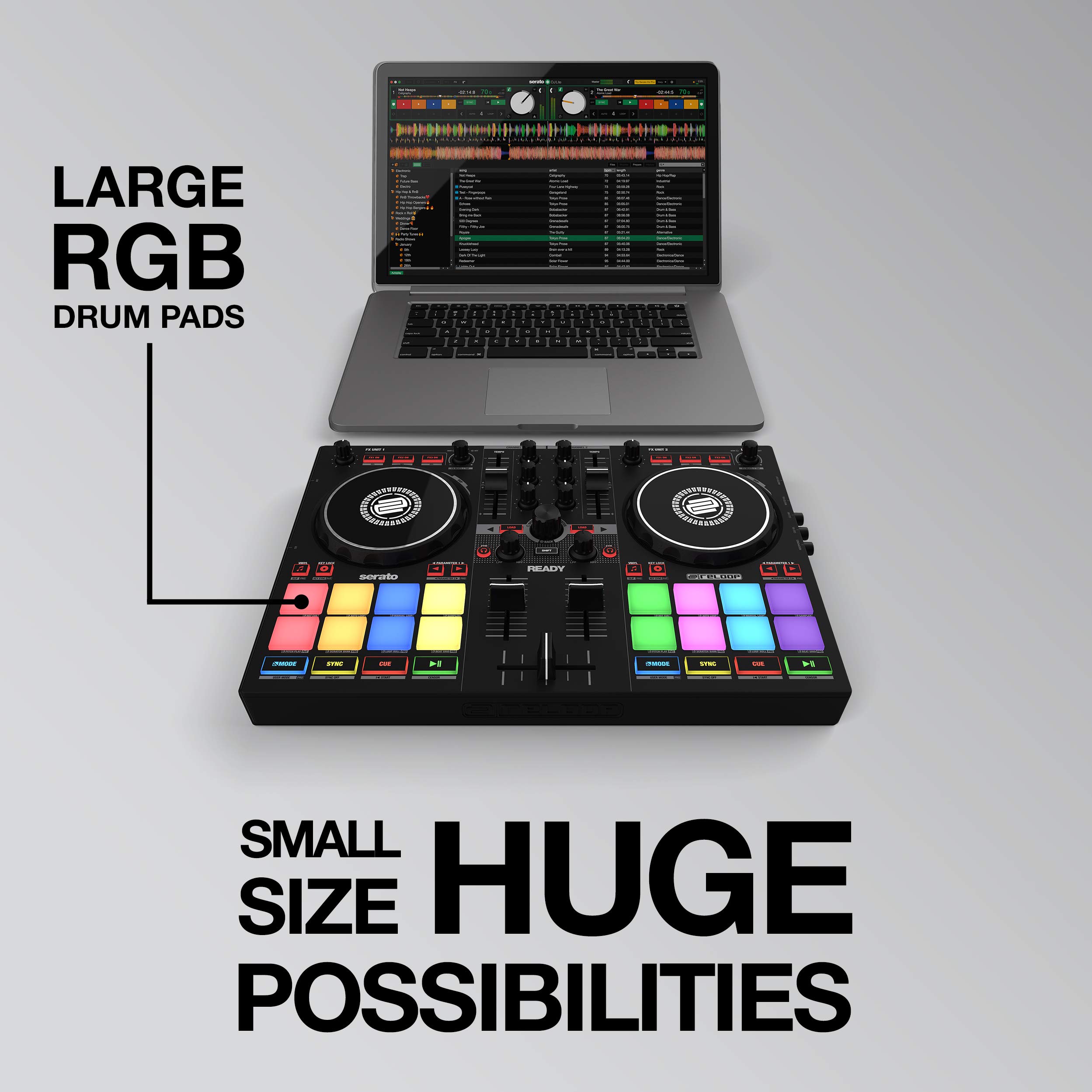 RELOOP Ready | Serato DJ Lite (dahil) ve DJ Pro için tasarlanmış Kompakt 2-Kanal DJ Controller/Kontrolör | iOS ve iPadOS'ta Algoriddim djay Pro AI uygulamalarıyla tak ve çalıştır. (Mac/PC/iOS)