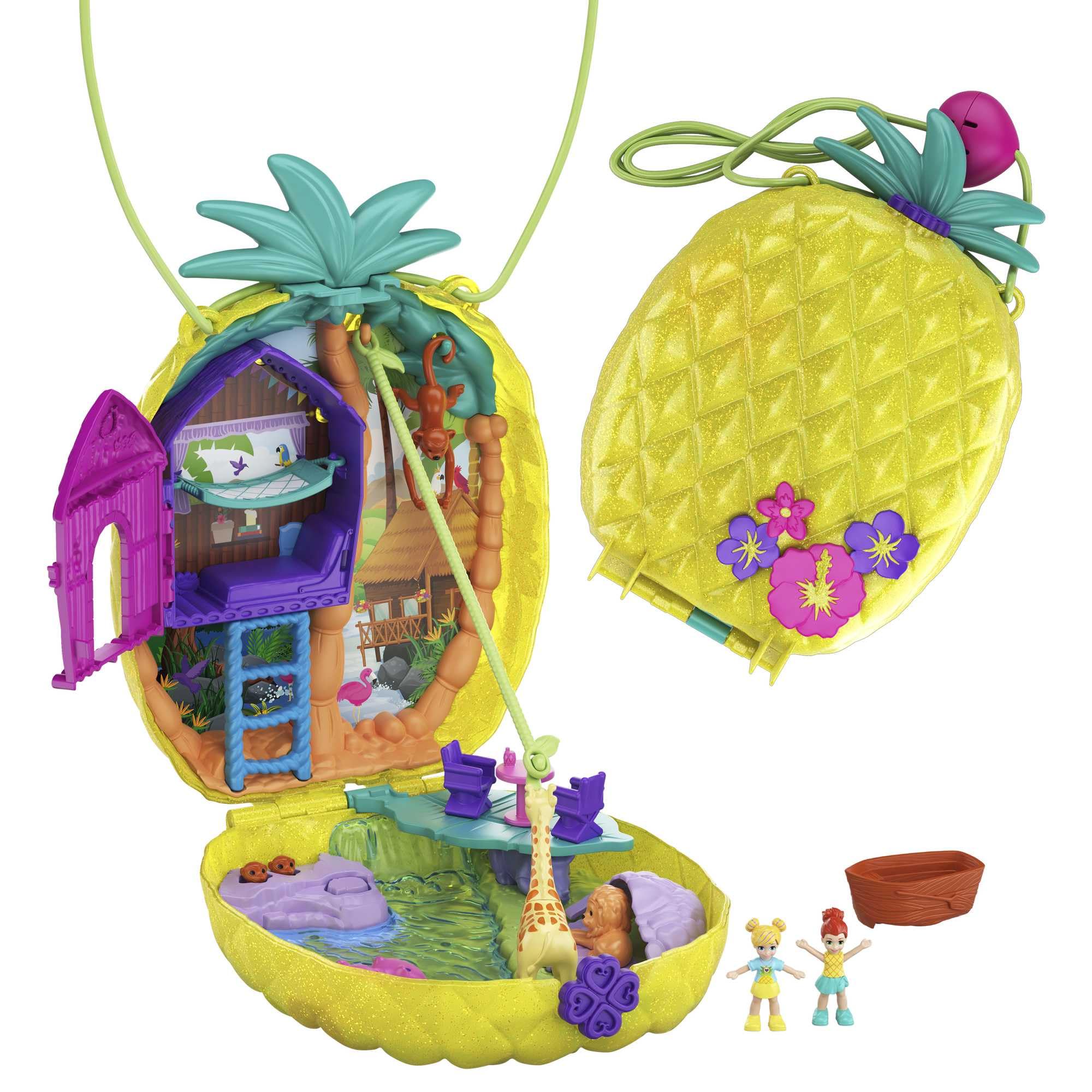 Polly Pocket Tropikal Eğlence giyilebilir kompakt ananas çanta, 8 eğlenceli özellik içeren kompakt set, minik Polly ve Lila bebekler, 2 aksesuar ve çıkartma sayfası; 4 yaş ve üzeri için, GKJ64