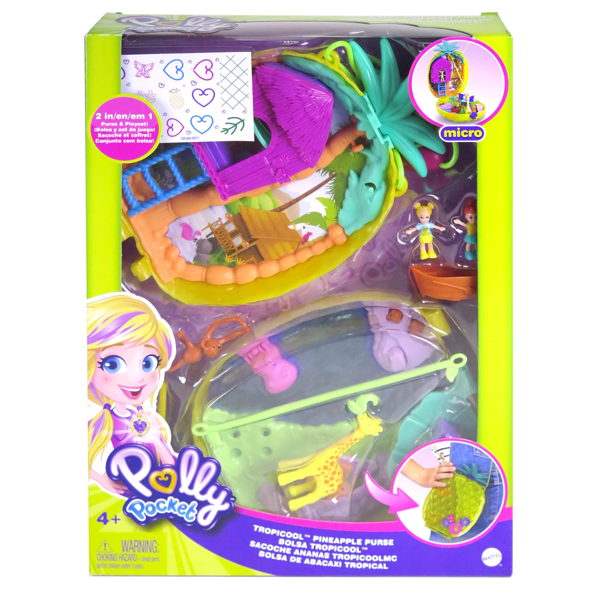 Polly Pocket Tropikal Eğlence giyilebilir kompakt ananas çanta, 8 eğlenceli özellik içeren kompakt set, minik Polly ve Lila bebekler, 2 aksesuar ve çıkartma sayfası; 4 yaş ve üzeri için, GKJ64