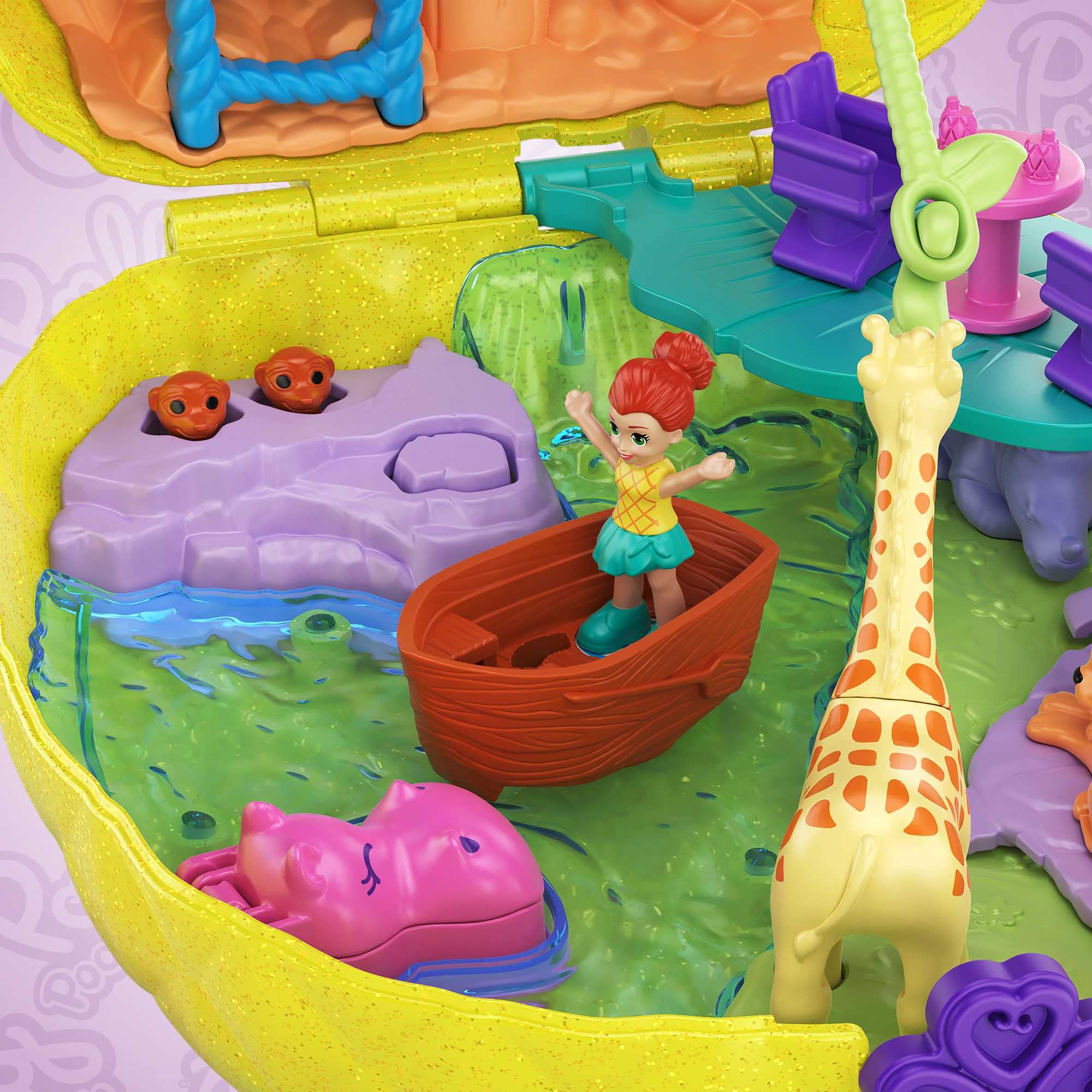 Polly Pocket Tropikal Eğlence giyilebilir kompakt ananas çanta, 8 eğlenceli özellik içeren kompakt set, minik Polly ve Lila bebekler, 2 aksesuar ve çıkartma sayfası; 4 yaş ve üzeri için, GKJ64