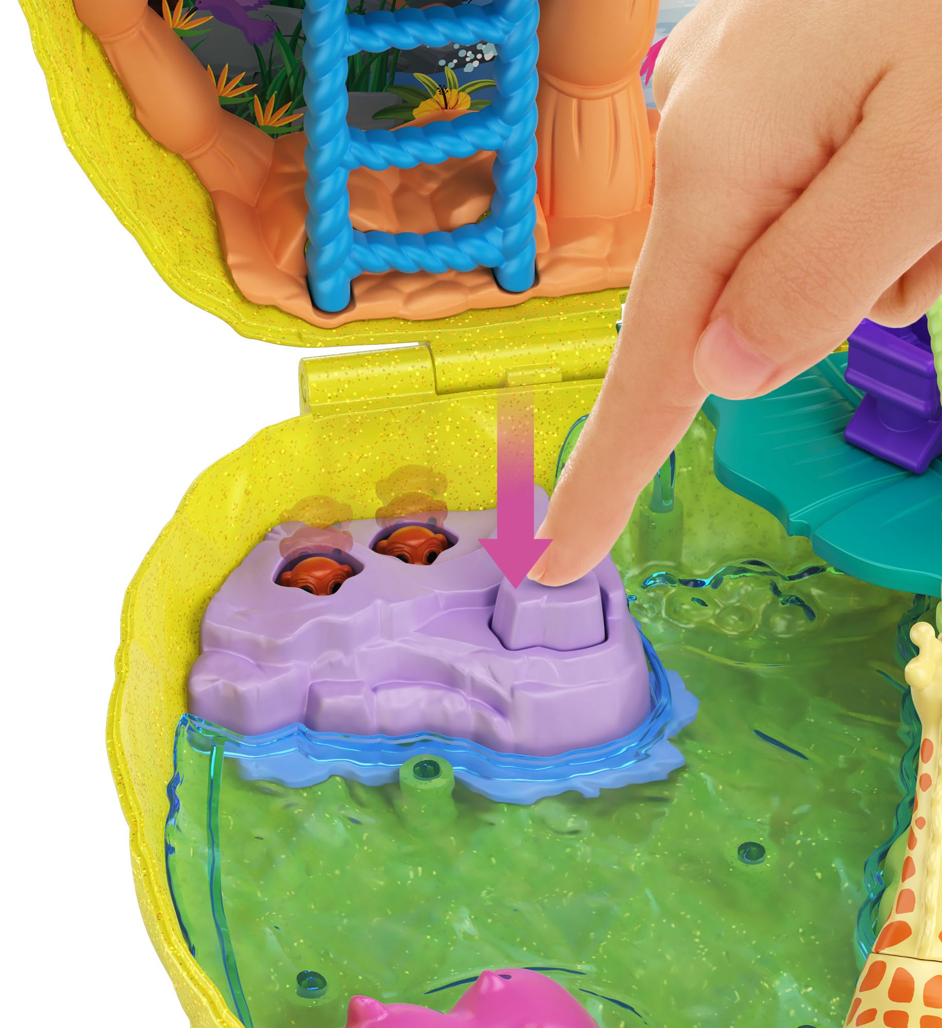 Polly Pocket Tropikal Eğlence giyilebilir kompakt ananas çanta, 8 eğlenceli özellik içeren kompakt set, minik Polly ve Lila bebekler, 2 aksesuar ve çıkartma sayfası; 4 yaş ve üzeri için, GKJ64