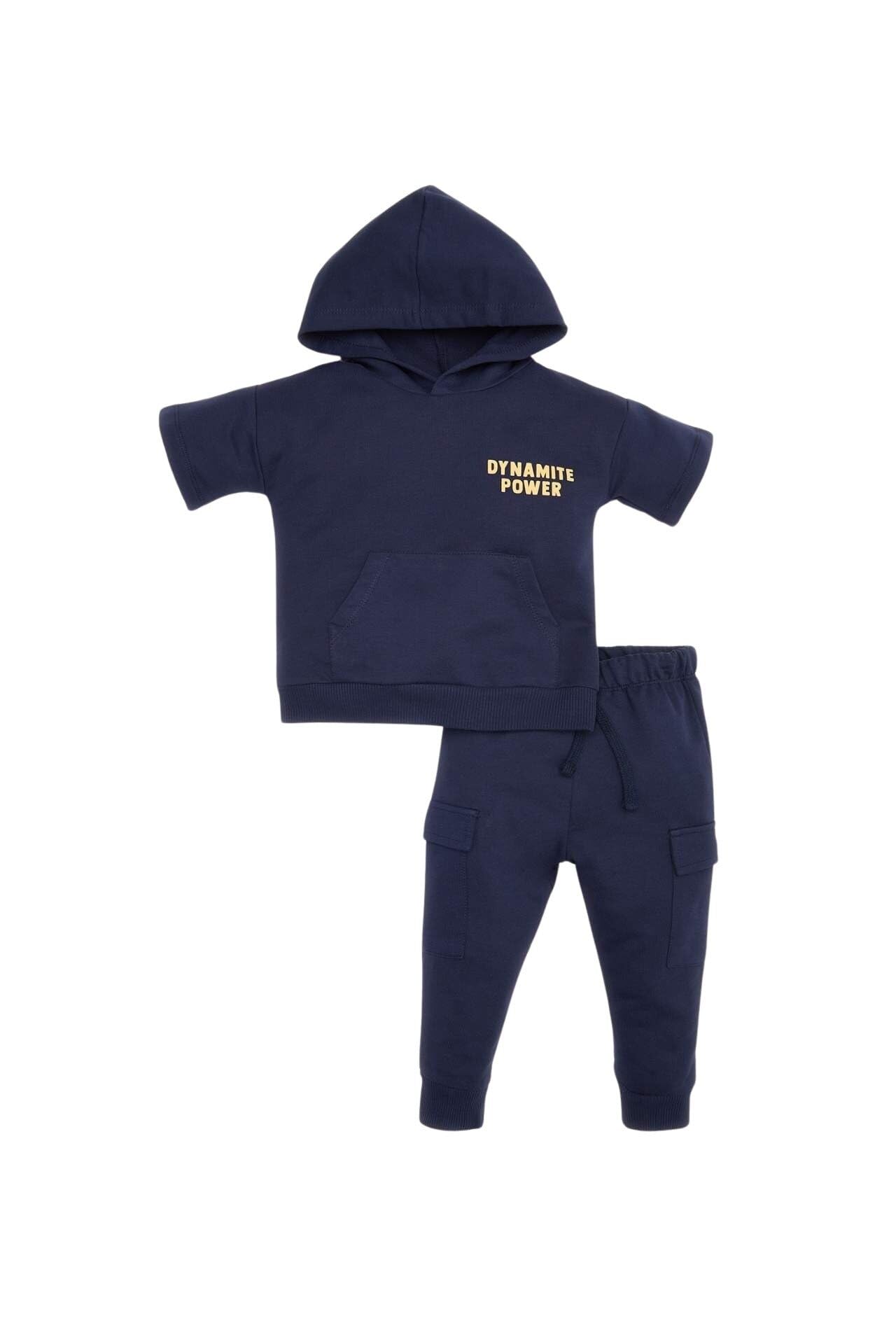 DeFacto 2'li Takım Baskılı Kapüşonlu Kısa Kollu Sweatshirt Eşofman Altı Erkek Bebek