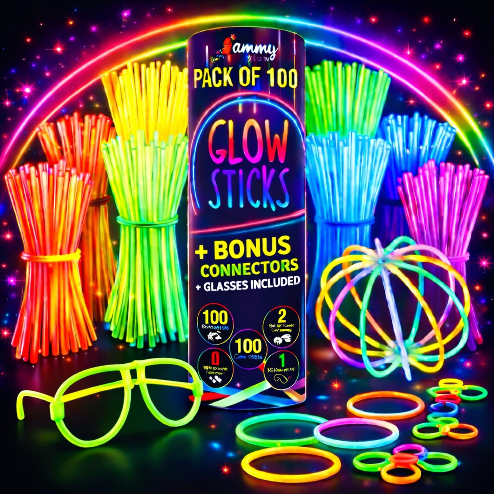 Ammy Glow Sticks 100 Parça, Neon Parlayan Düğünler, Parlayan Bilezikler, Parlayan Çubuklar, Kolyeler