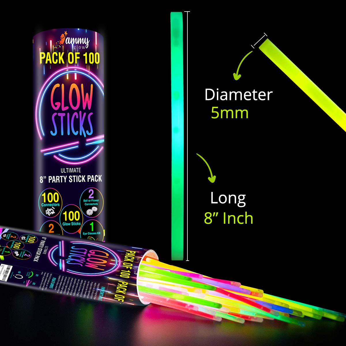 Ammy Glow Sticks 100 Parça, Neon Parlayan Düğünler, Parlayan Bilezikler, Parlayan Çubuklar, Kolyeler