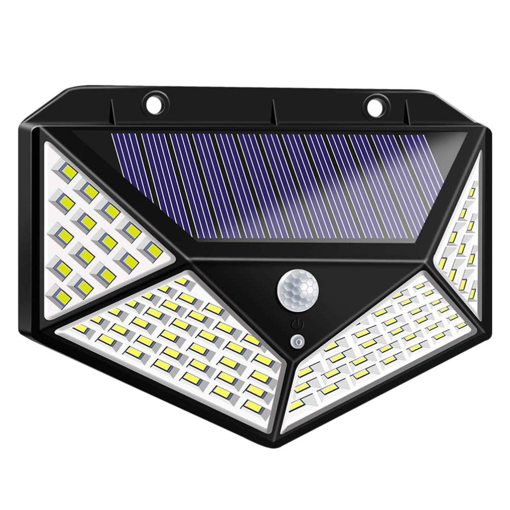 Uonlytech Solar duvar lambası, su geçirmez, dış mekan, dört taraflı, 100 LED, hareket sensörü, garaj, avlu, ev kapısı, yol için gece lambası (siyah)