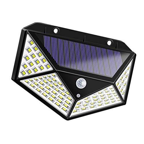 Uonlytech Solar duvar lambası, su geçirmez, dış mekan, dört taraflı, 100 LED, hareket sensörü, garaj, avlu, ev kapısı, yol için gece lambası (siyah)