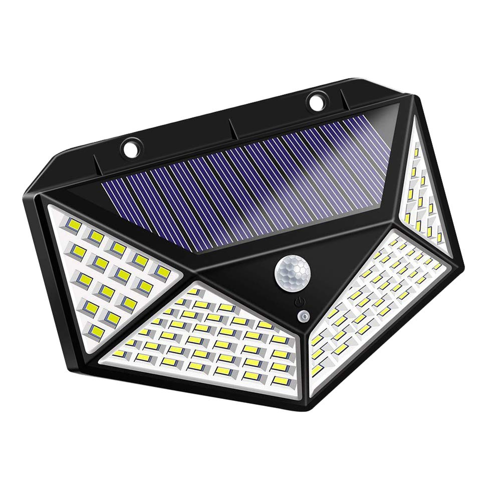 Uonlytech Solar duvar lambası, su geçirmez, dış mekan, dört taraflı, 100 LED, hareket sensörü, garaj, avlu, ev kapısı, yol için gece lambası (siyah)