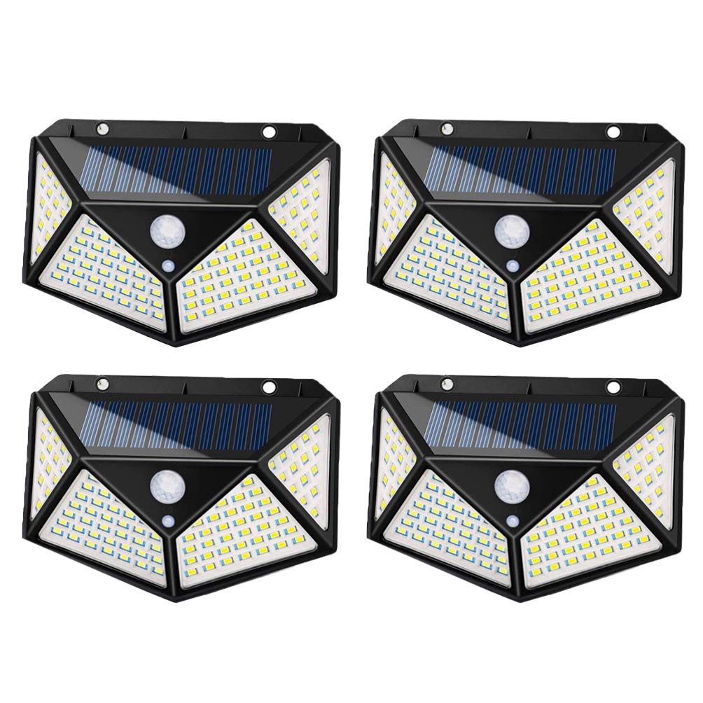Uonlytech 4 adet solar duvar lambası, su geçirmez, dış mekan, dört taraflı, 100 LED, hareket sensörü, gece lambası, garaj, avlu, ev kapısı için (siyah)