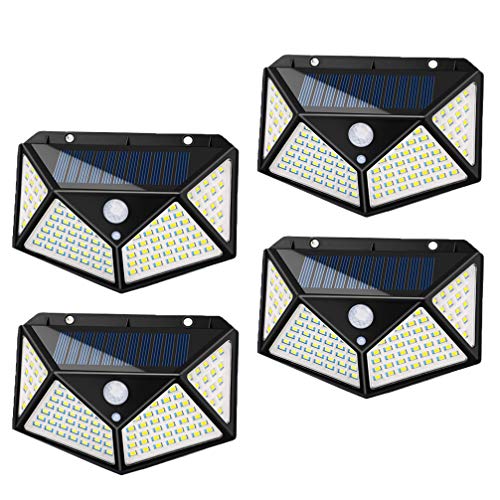 Uonlytech 4 adet solar duvar lambası, su geçirmez, dış mekan, dört taraflı, 100 LED, hareket sensörü, gece lambası, garaj, avlu, ev kapısı için (siyah)