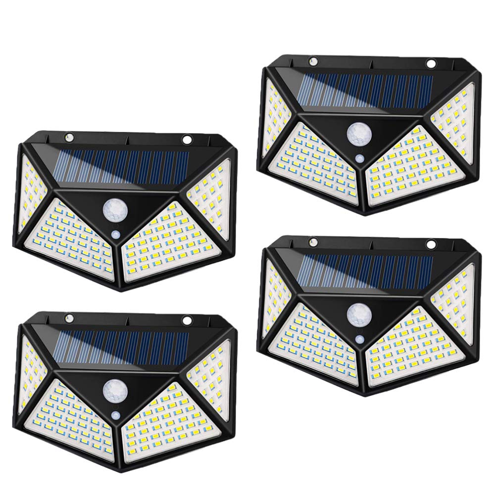 Uonlytech 4 adet solar duvar lambası, su geçirmez, dış mekan, dört taraflı, 100 LED, hareket sensörü, gece lambası, garaj, avlu, ev kapısı için (siyah)