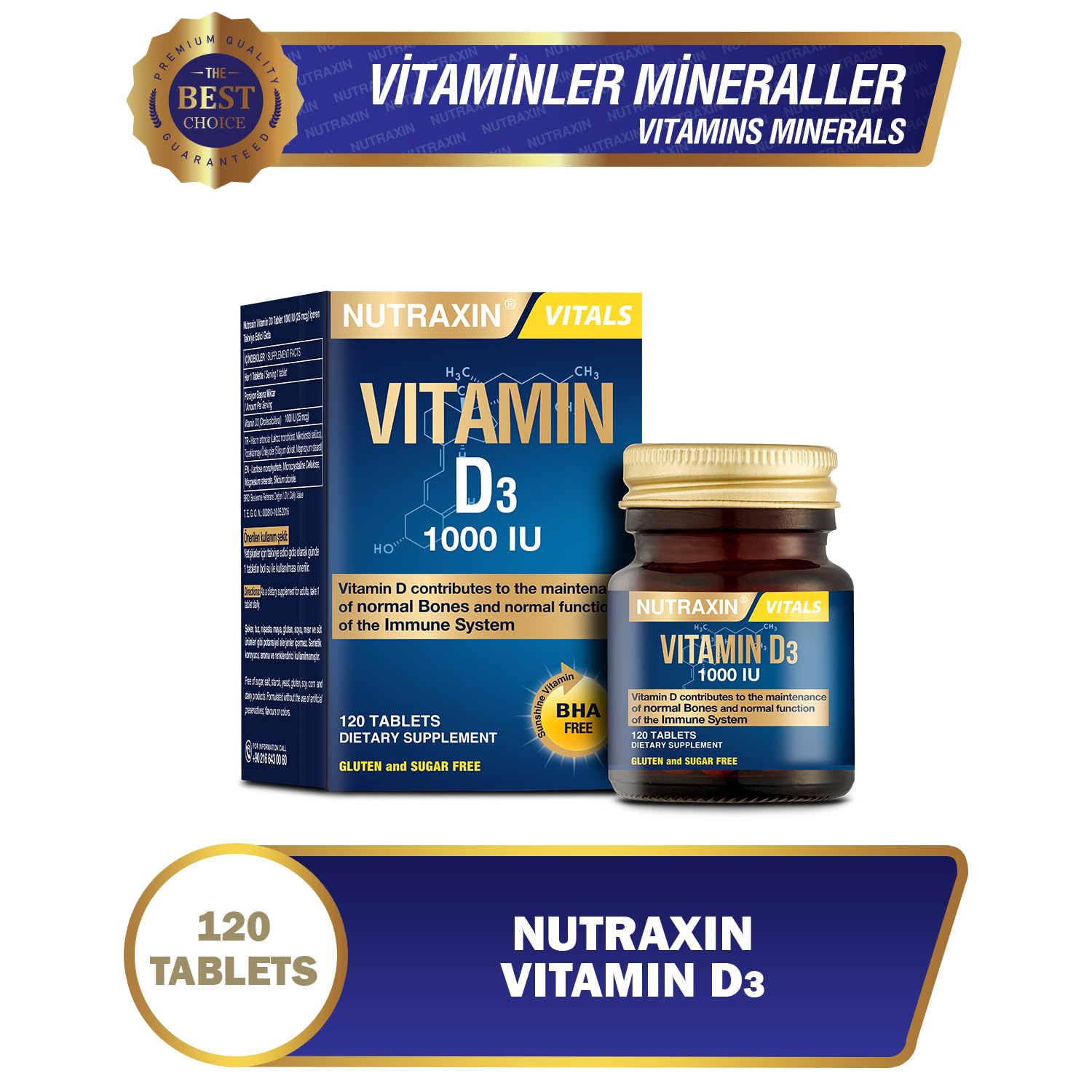 Nutraxin Vitals D3 Vitamin 1000 IU 25 mcg 120 Tablet Takviye Edici Gıda