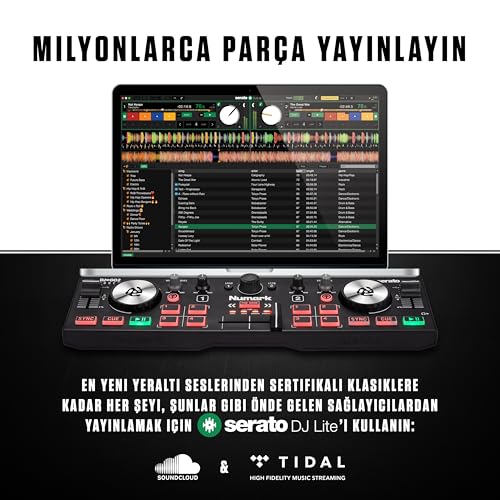 Numark DJ2GO2 Touch – Yolculuk için mini DJ kontrol cihazı – 2 panelli USB DJ konsolu, ses arayüzü ve kapasiteli Jogwheels, 4 Pad modu; yazılım dahil