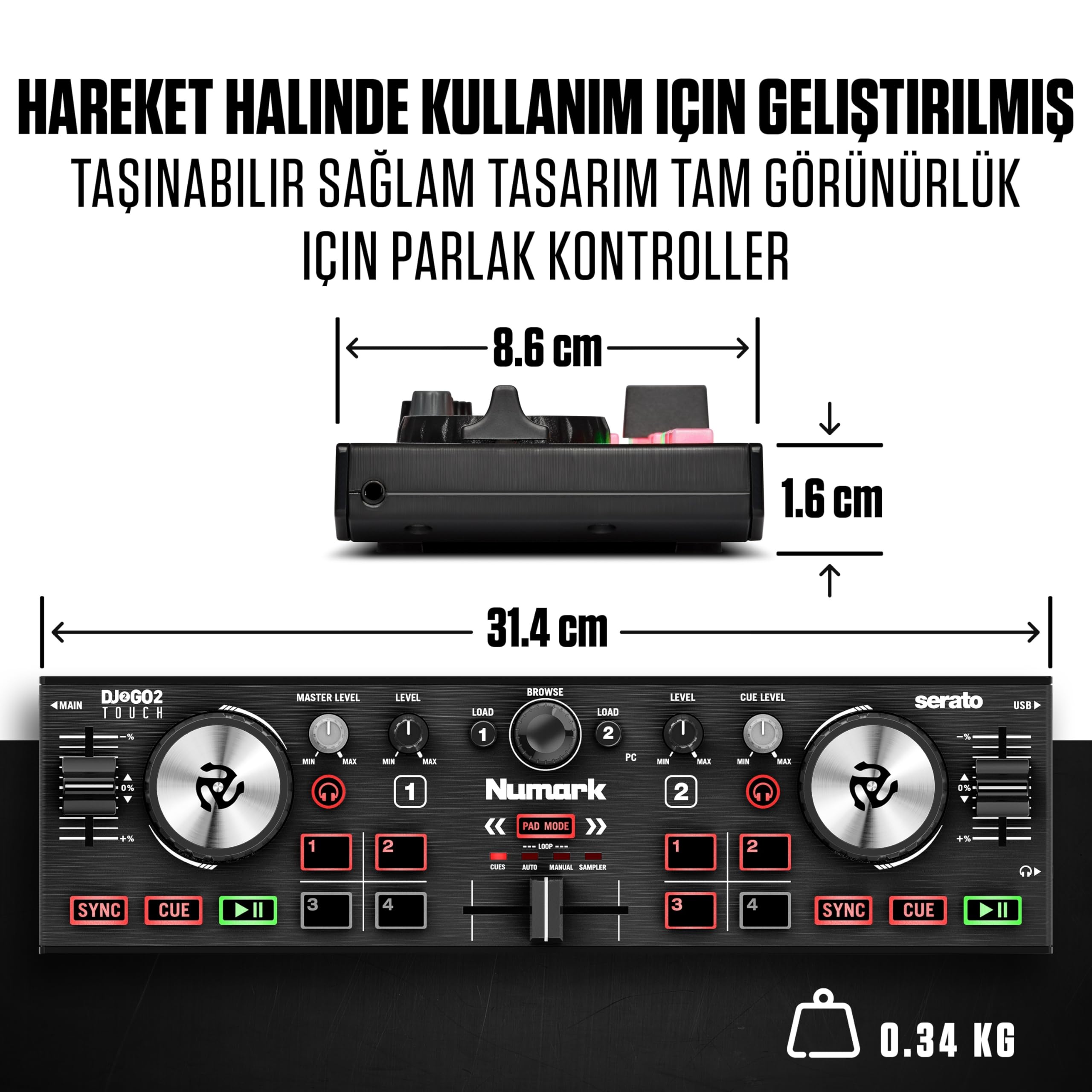 Numark DJ2GO2 Touch – Yolculuk için mini DJ kontrol cihazı – 2 panelli USB DJ konsolu, ses arayüzü ve kapasiteli Jogwheels, 4 Pad modu; yazılım dahil