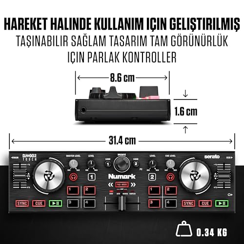 Numark DJ2GO2 Touch – Yolculuk için mini DJ kontrol cihazı – 2 panelli USB DJ konsolu, ses arayüzü ve kapasiteli Jogwheels, 4 Pad modu; yazılım dahil
