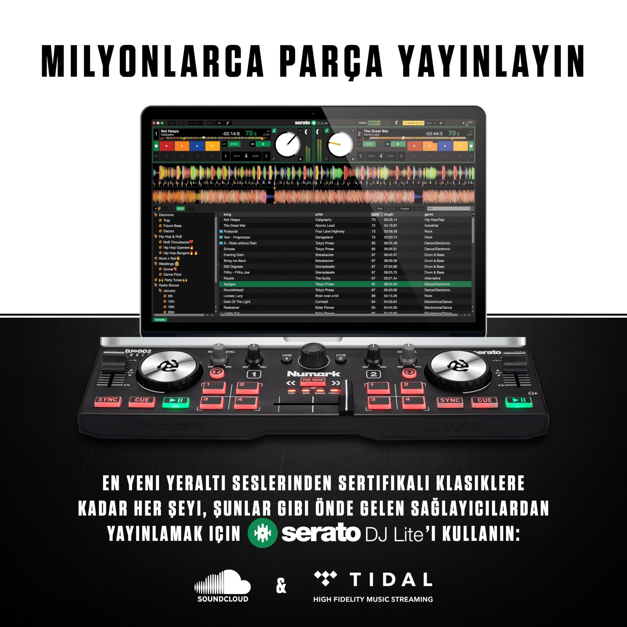 Numark DJ2GO2 Touch – Yolculuk için mini DJ kontrol cihazı – 2 panelli USB DJ konsolu, ses arayüzü ve kapasiteli Jogwheels, 4 Pad modu; yazılım dahil