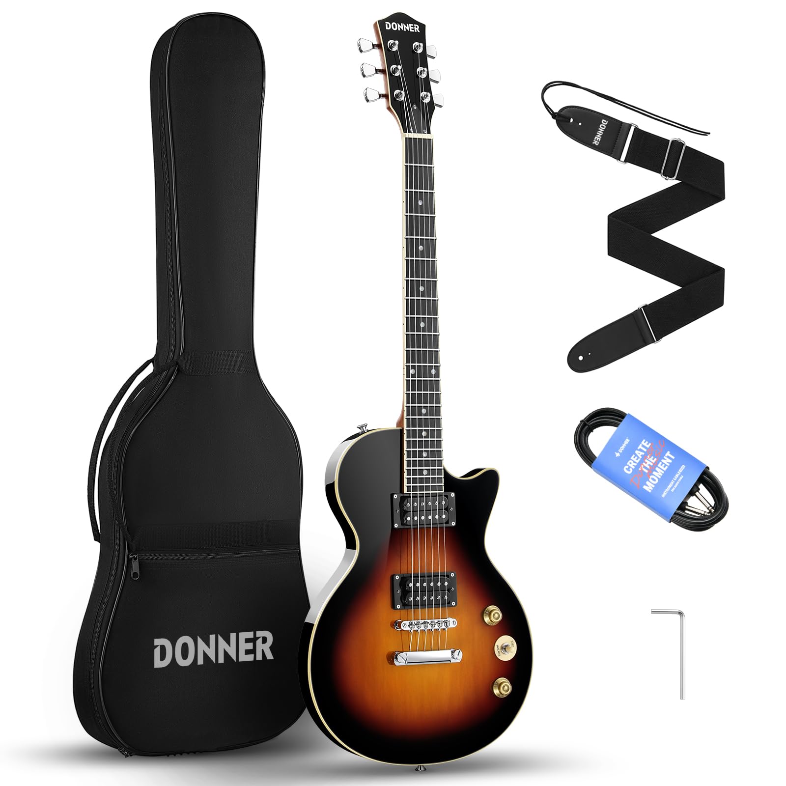 Donner Elektro Gitar Kiti Tam Boy LP Gitar Başlangıç Seti 91,4 cm Düz Gövde, Çanta, Kayış, Kablolu (Sunburst)