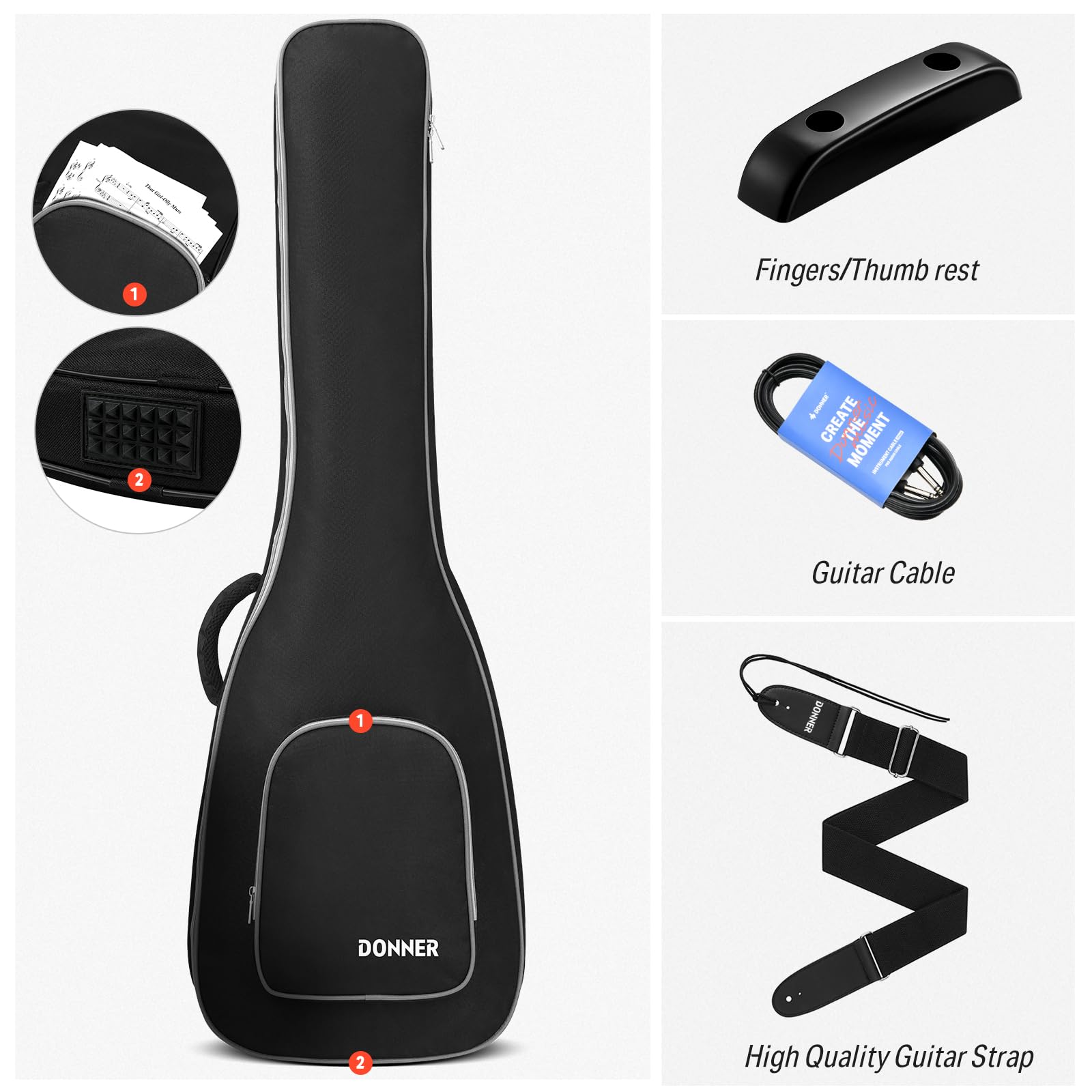 Donner Elektro Gitar Kiti Tam Boy LP Gitar Başlangıç Seti 91,4 cm Düz Gövde, Çanta, Kayış, Kablolu (Sunburst)