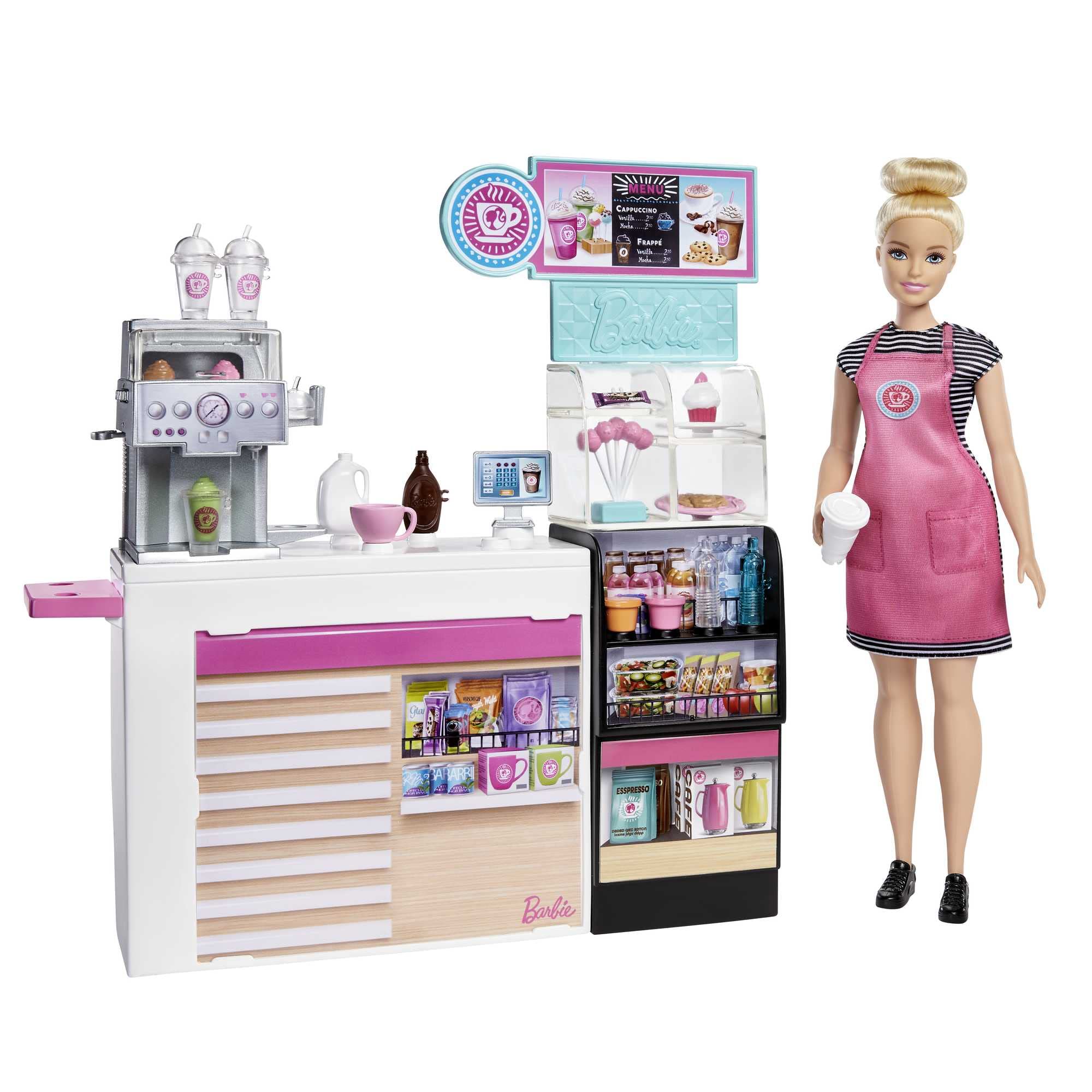 Barbie Oyun Seti Barbie Kahve Dükkanı, 30 cm Sarışın Yuvarlak Hatlı Bebek ve 20'den Fazla Gerçekçi O