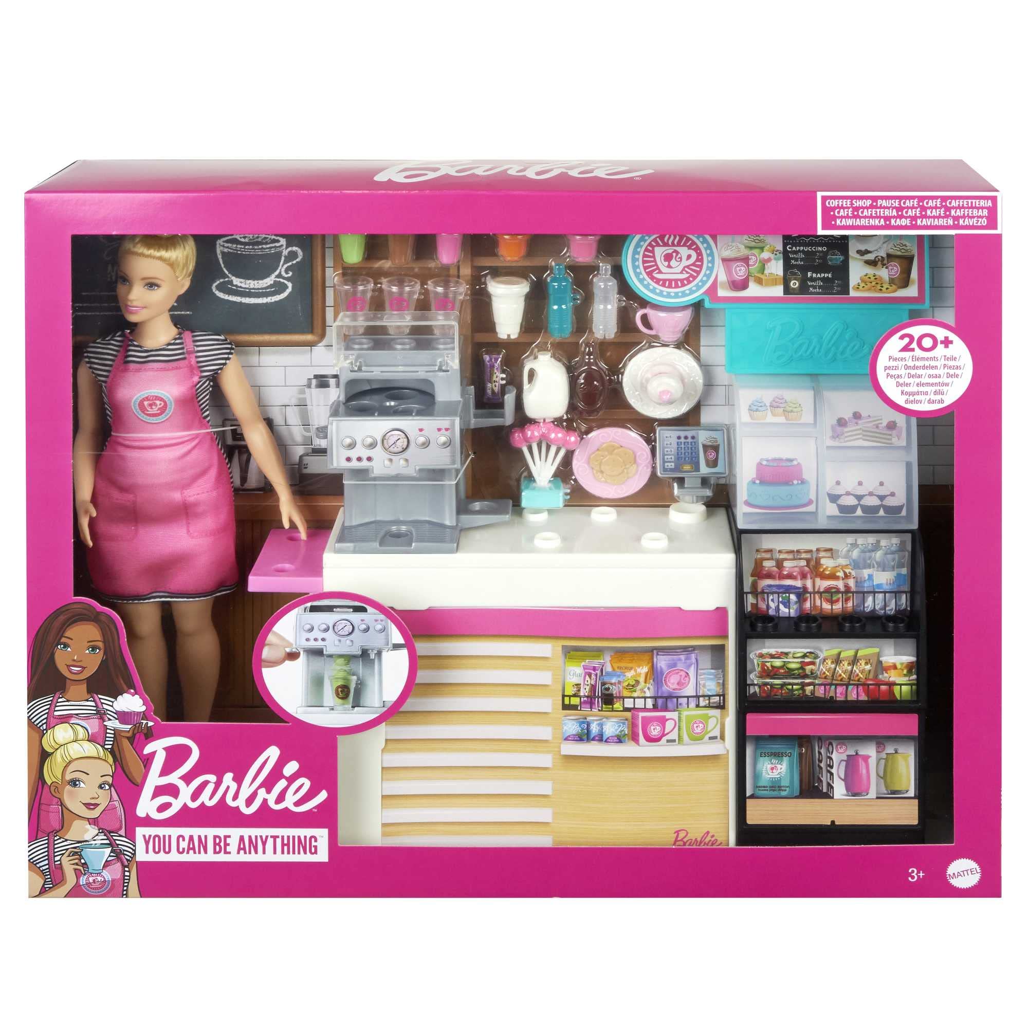 Barbie Oyun Seti Barbie Kahve Dükkanı, 30 cm Sarışın Yuvarlak Hatlı Bebek ve 20'den Fazla Gerçekçi O