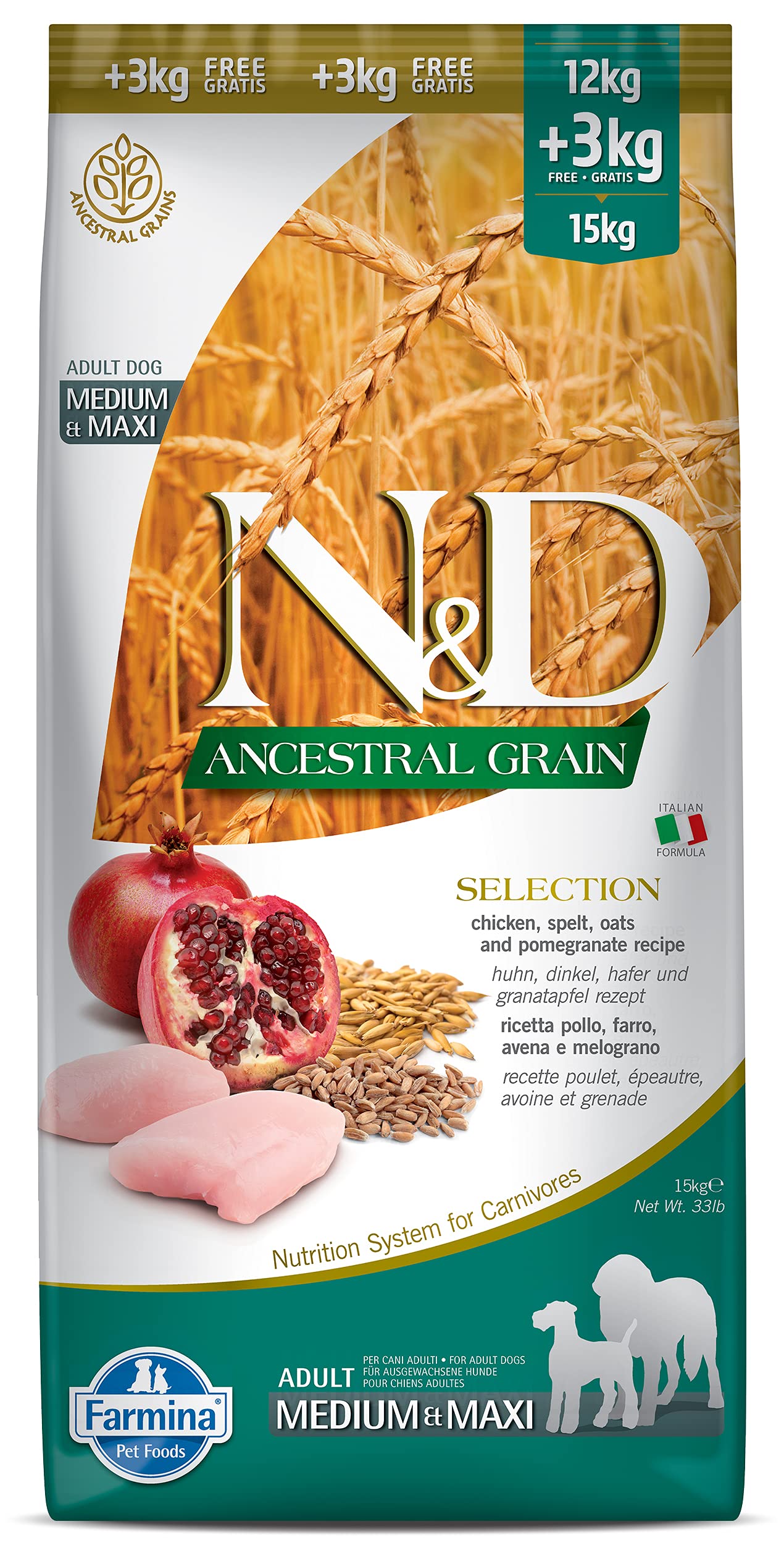 N&D Ancestral Selection Tavuk & Nar Yetişkin Medium Maxi Köpek Maması
