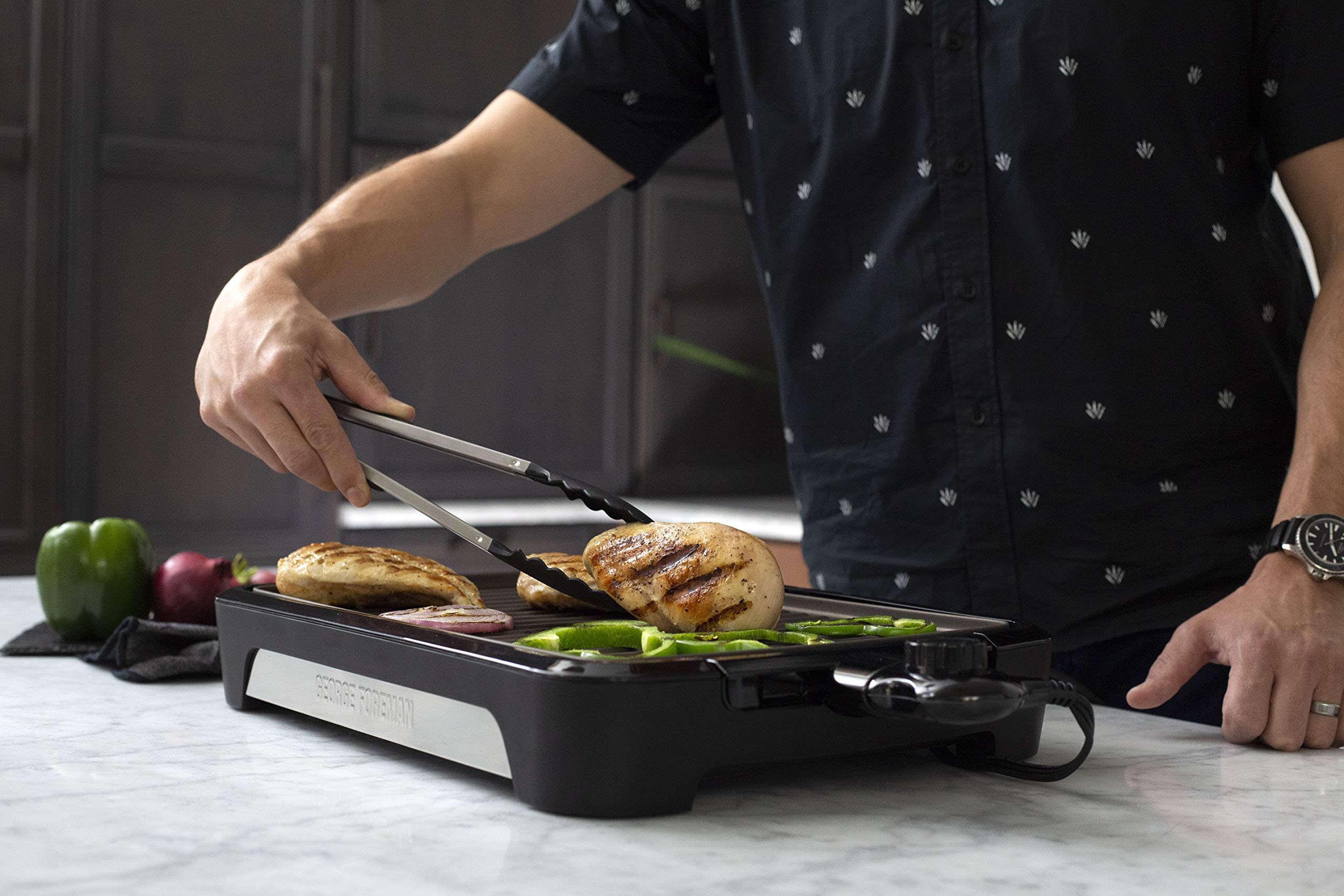George Foreman Bbq Smokeless Izgara, Masa Üstü, Bulaşık Makinesinde Yıkanabilir, Yağ Damlama Tepsisi ve Dikey Depolama Dahil Düşük Dumanlı Kapalı Barbekü, 25850-56