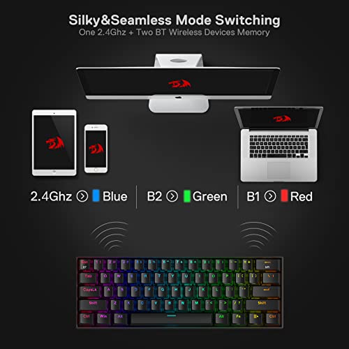 Redragon K530 Pro Draconic%60 BT Türkçe Q Klavye/Kablolu / 2,4 GHz Kablosuz Mekanik, 61 Tuş, Hot-Swap Özellikli RGB Oyun Klavyesi, Dokunsal Kahverengi Anahtarlı, Windows/Mac/Android için
