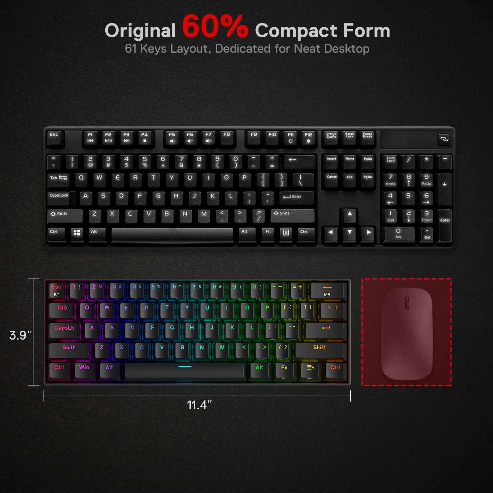 Redragon K530 Pro Draconic%60 BT Türkçe Q Klavye/Kablolu / 2,4 GHz Kablosuz Mekanik, 61 Tuş, Hot-Swap Özellikli RGB Oyun Klavyesi, Dokunsal Kahverengi Anahtarlı, Windows/Mac/Android için