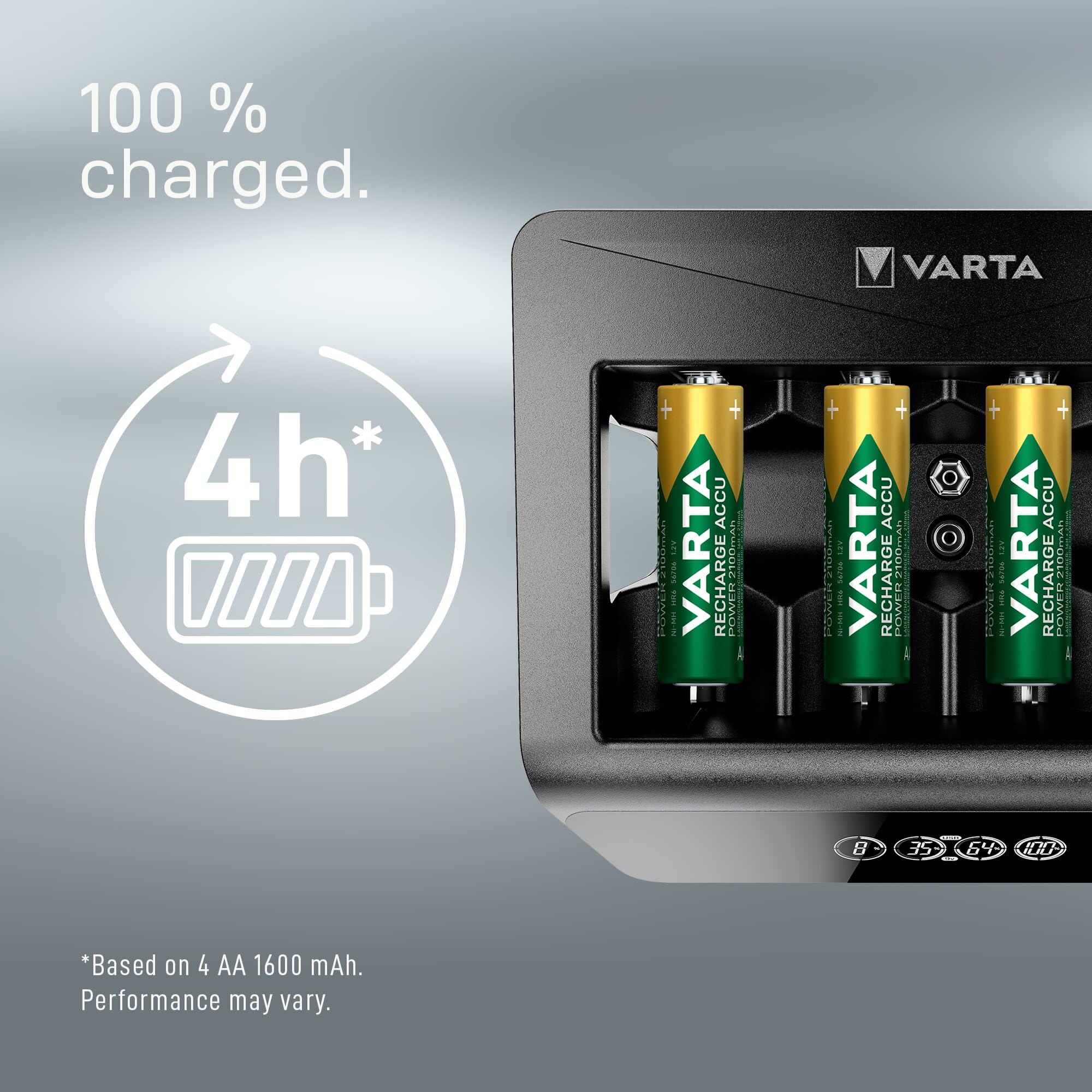 VARTA Akü şarj cihazı, şarj edilebilir AA/AAA/C/D/9V ve USB cihazlar için, LCD Universal Charger+, t