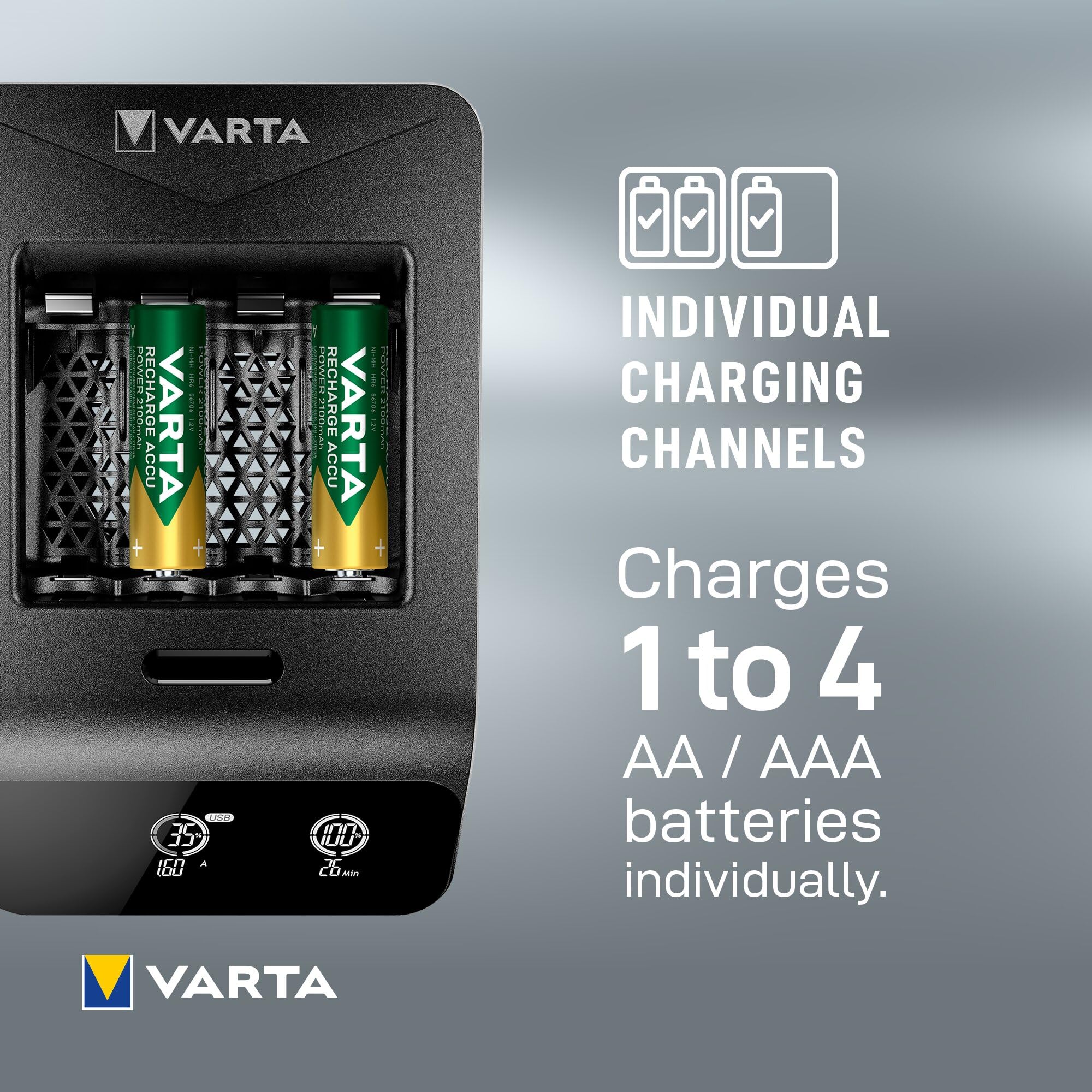 VARTA Akü şarj cihazı, 4 x AA 2100 mAh dahil, şarj edilebilir AA/AAA, LCD Smart Charger+ için, tek yuvalı şarj, 2 mod: Şarj, tazeleme